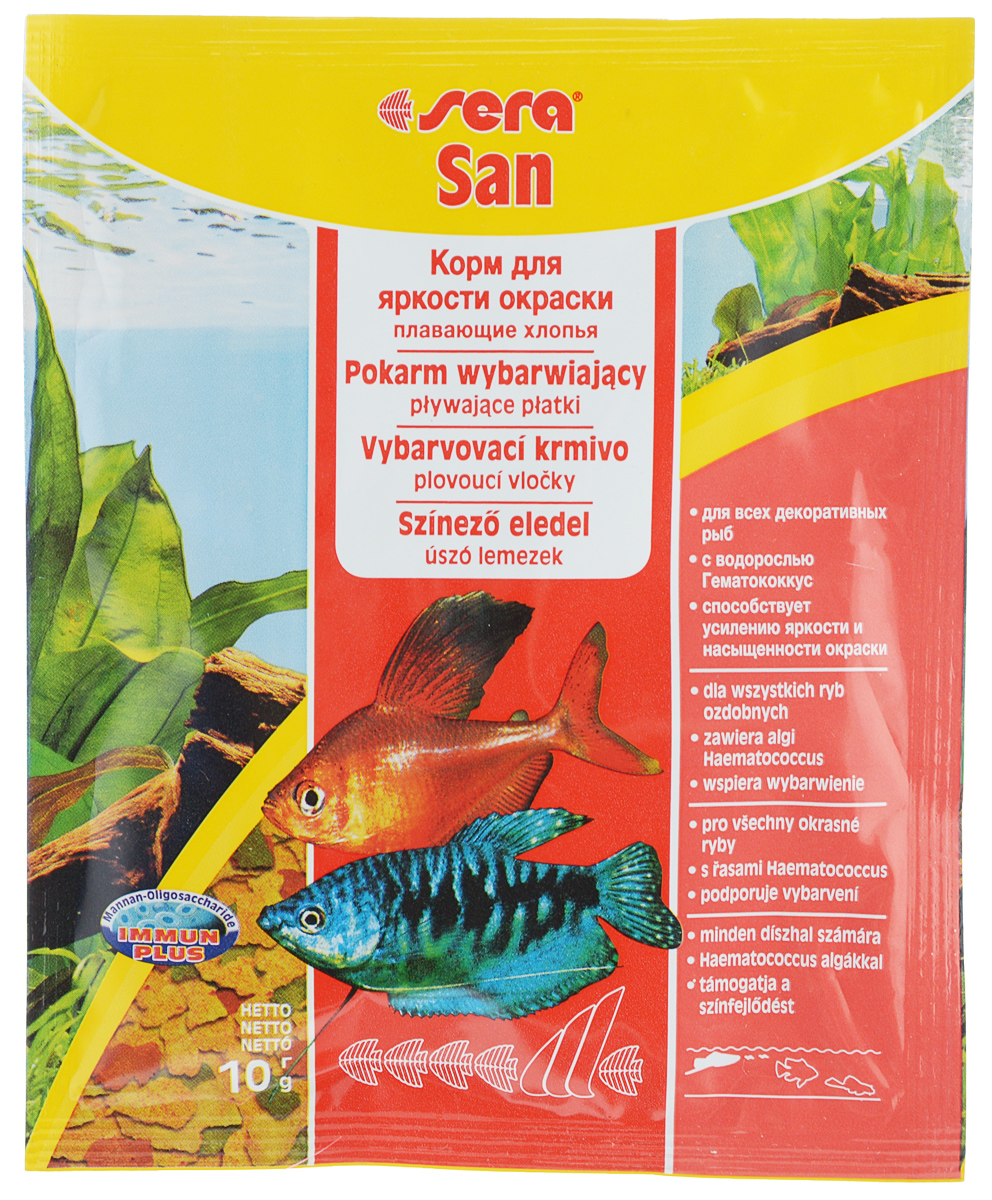 Корм для декоративных рыб Sera San, улучшение окраски, хлопья, 10 г15963 Корм для декоративных рыб Sera San, улучшение окраски, хлопья, 10 г15963Корм Sera San - корм для усиления яркости окраски всех видов рыб, кормящихся у поверхности воды. Состоит из хлопьев, произведенных путем бережной обработки сырья. Высококачественные ингредиенты корма, такие как водоросль Гаматококкус, усиливают яркость и насыщенность окраски рыб естественным путем. Хлопья не тонут долгое время, сохраняя свою форму, поэтому они поедаются полностью и не загрязняют воду. Полноценный состав из более чем 40 ингредиентов обеспечивает ежедневные потребности в питательных веществах типичного сообщества рыб. Товар сертифицирован.
