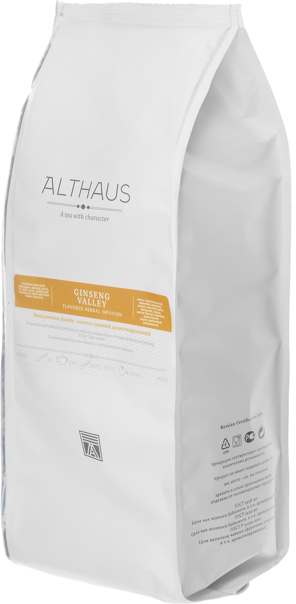 Althaus Ginseng Valley травяной листовой чай, 200 гTALTHG-L00064 Althaus Ginseng Valley травяной листовой чай, 200 гTALTHG-L00064Althaus Ginseng Valley — специальный велнесс - напиток на основе женьшеня и полезных для здоровья трав. В этой композиции вы найдете переплетение деликатных красок и целую палитру ароматов: весенние одуванчики, свежий лимонник, лесной зверобой, благородный сандал, листья березы и ранней крапивы. Настой имеет очень интересный букет с легким запахом молодых бобовых стручков и древесно-медовыми оттенками. Завершает звучание композиции длительное освежающее послевкусие с цветочными нюансами и травянисто-зеленой нотой. Сочный персик и нежные цветы апельсина делают этот уникальный велнесс - напиток не только полезным, но и исключительно приятным на вкус. Женьшень издавна называли чудодейственным корнем жизни, он не только улучшает самочувствие, но и повышает работоспособность. Лимонник дарит бодрость, а зверобой, широко известный как трава от девяноста девяти болезней, насыщает напиток массой полезных веществ. Благодаря сильному тонизирующему эффекту женьшеня и...