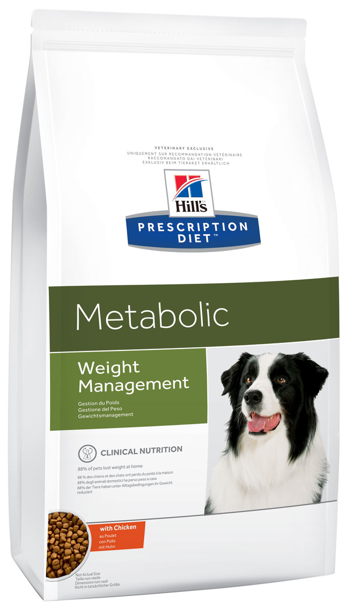 Корм сухой диетический Hills Metabolic для собак, для коррекции веса, 4 кг2098 Корм сухой диетический Hills Metabolic для собак, для коррекции веса, 4 кг2098Сухой диетический корм для собак Hills - полноценный диетический рацион для собак, предназначенный для снижения избыточной массы тела и поддержания оптимального веса. Данный рацион обладает пониженной энергетической ценностью. Ключевые преимущества: - клинически доказанное безопасное и эффективное улучшение обмена веществ у собаки, - безопасная потеря до 28% жира за 2 месяца, - предотвращает повторный набор веса при соблюдении программы по похуданию, - прекрасные вкусовые и питательные качества. Состав: мясо и производные животного происхождения, злаки, экстракты растительного белка, производные растительного происхождения, овощи, семена, масла и жиры, минералы. Анализ: белок 26,2%, жир 10,8%, сырая клетчатка 13,0%, сырая зола 5,1%, кальций 0,77%, фосфор 0,61%, натрий 0,27%, калий 0,82%; на кг: витамин E 500 мг, витамин С 90 мг, бета-каротин 1,5 мг. Добавки на кг: E672 (витамин А) 27 360 ME, E671...