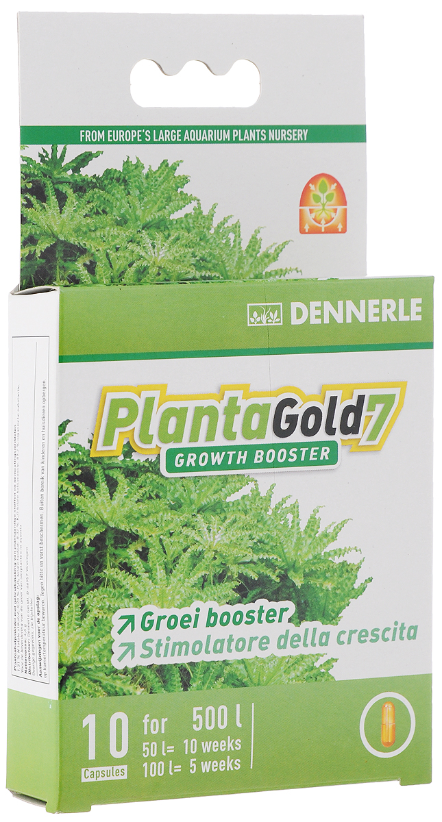Удобрение для аквариумных растений Dennerle Planta Gold 7, стимулятор роста, в капсулах, 10 штDEN4552 Удобрение для аквариумных растений Dennerle Planta Gold 7, стимулятор роста, в капсулах, 10 штDEN4552Удобрение Dennerle Planta Gold 7 предназначено для активной стимуляции роста всех видов аквариумных растений. Натуральные биоэнзимы активируют деление клеток и, как следствие, стимулируют рост. Удобрение восстанавливает неиспользованные питательные вещества, делая их вновь доступными для растений. Planta Gold 7 эффективно помогает при замедлении роста. Дозировка: 1 капсула на 50 литров аквариумной воды раз в неделю.
