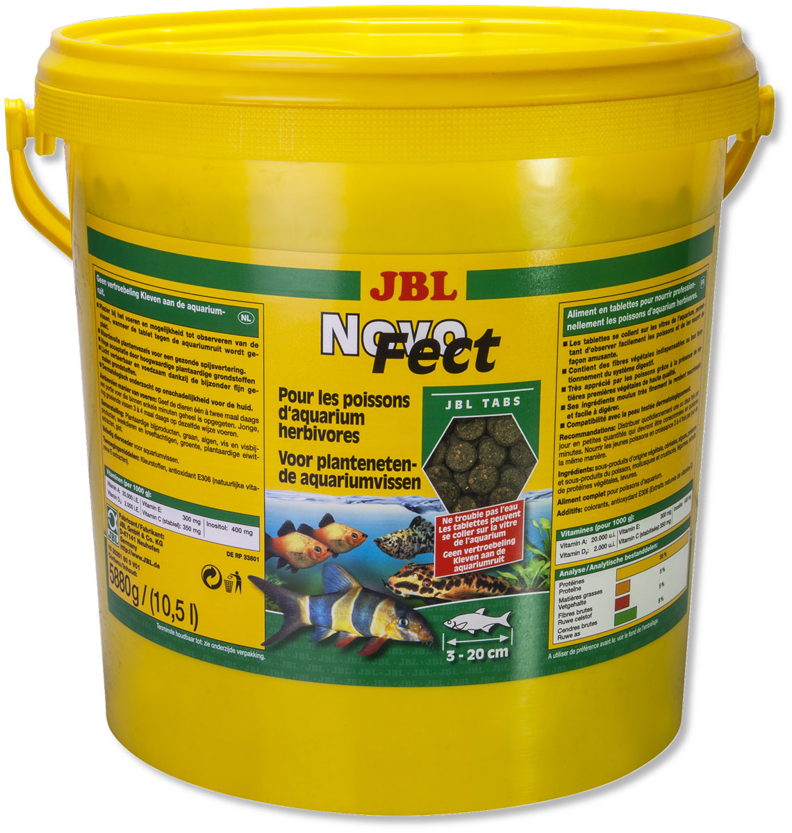 Корм JBL NovoFect, для растительноядных рыб, в таблетках, 5,88 кг (10,5 л)JBL3026100 Корм JBL NovoFect, для растительноядных рыб, в таблетках, 5,88 кг (10,5 л)JBL3026100Корм JBL NovoFect содержит все компоненты в специально сбалансированной смеси с высоким содержанием растительных веществ, которые отвечают потребностям донных рыб и рыб, обитающих в средней зоне, питающихся преимущественно растительной пищей. Прикрепив таблетку в любом месте к стеклу аквариума, вы обеспечите рыб, обитающих в средних слоях воды, кормом и можете наблюдать за ними в процессе поедания корма. Просто опустив таблетку на дно аквариума, вы обеспечите кормом сомов и других донных рыб. Состав: зерновые, водоросли, рыба и рыбные побочные продукты, моллюски и ракообразные, овощи, экстракт растительного белка. Анализ: протеин 35%, жир 5%, клетчатка 5%, чистая зола 8%. Товар сертифицирован.