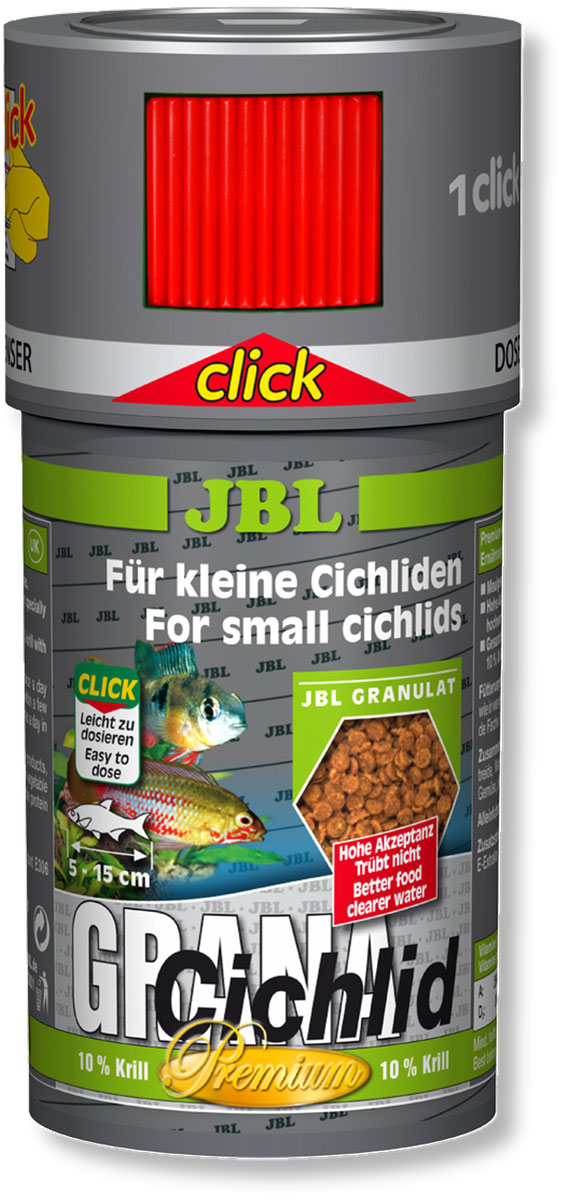 Корм JBL GranaCichlid Click для плотоядных цихлид, в форме гранул, 250 мл (110 г)JBL4065600 Корм JBL GranaCichlid Click для плотоядных цихлид, в форме гранул, 250 мл (110 г)JBL4065600Корм для рыб JBL GranaCichlid Click - медленно тонущие гранулы для плотоядных цихлид среднего размера. Животные компоненты корма состоят преимущественно из рыбного белка, 10% криля обеспечивает оптимальное пищеварение, поэтому корм не загрязняет воду. Корм произведен по технологии высокотемпературной обработки сырья. Гранулы опускаются под воду с различной скоростью, благодаря чему этот корм доступен для рыб, живущих в различных зонах аквариума. Высокое содержание питательных элементов и легкая перевариваемость способствуют быстрому насыщению крупных рыб при минимальной нагрузке на воду. Жизненно важные витамины улучшают здоровье и повышают иммунитет. Кормление несколько раз в день небольшими порциями, которые могут быть съедены за несколько минут. Корм для рыб длиной от 5 до 15 см. Корм поставляется в банке с дозатором для точного дозирования гранул. Состав: рыба и рыбные побочные продукты 21,6%, растительные побочные продукты 14,7%, овощи 12,5%, экстракты...