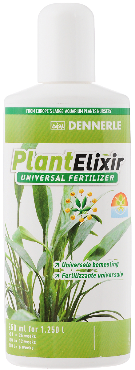 Удобрение для аквариумных растений Dennerle Plant Elixir, универсальное, 250 млDEN4539 Удобрение для аквариумных растений Dennerle Plant Elixir, универсальное, 250 млDEN4539Удобрение для аквариумных растений Dennerle Plant Elixir представляет собой комплекс питательных элементов. Это универсальный препарат, дающий аквариумным растениям энергию роста. Удобрение содержит все жизненно важные минеральные вещества и микроэлементы в доступной для растений форме. Способствует образованию свежей ярко-зеленой листвы. Предотвращает появление желтых полупрозрачных листьев. Не содержит фосфаты и нитраты. Дозировка: еженедельно 10 мл (1/2 крышечки) на 100 л аквариумной воды.