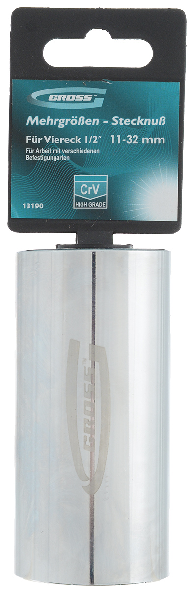 Головка торцевая Gross, многоразмерная, 11-32 мм13190 Головка торцевая Gross, многоразмерная, 11-32 мм13190Торцевая головка торговой марки Gross предназначена для проведения крепежных работ болтовых соединений различной формы размером от 11 до 32 мм. Для использования головки необходим переходник с квадратом 1/2 дюйма. Изготовлена головка из высококачественной хромованадиевой стали (CrV) и твердостью 48 HRC. Для защиты от ржавчины головка покрыта хромом и отполирована. Порадуйте себя удобным и прочным инструментом. Длина головки: 88 мм. Толщина: 43 мм.