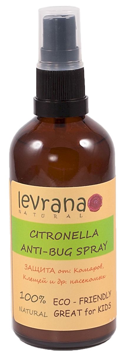 Levrana Спрей от комаров и насекомых ANTI-BUG SPRAY, 100 млSI01 Levrana Спрей от комаров и насекомых ANTI-BUG SPRAY, 100 млSI01100% натуральный спрей - защита от комаров, клещей, мошек, муравьев и многих других насекомых. Защиту обеспечивают эфирные масла: Герань Египетская, Цитронелла, Лемонграсс, Кедр Атласский, Розмарин, Лаванда, Чайное Дерево. Подходит для всей семьи, в том числе для самых маленьких 0+