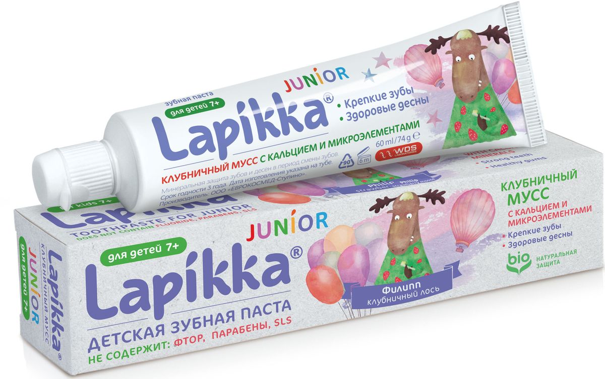 Lapikka Зубная паста с кальцием и микроэлементами Junior Клубничный мусс 74 г15-01-009 Lapikka Зубная паста с кальцием и микроэлементами Junior Клубничный мусс 74 г15-01-009Минеральная защита зубов и десен в период смены зубов. Кальций и фосфор включены в состав зубной пасты, так как они являются главными минеральными компонентами зубов. Кальций в виде ионов проникает в эмаль зубов, укрепляет ее и помогает противостоять кариесу. Микроэлементы питают зубы и защищают десны. Чистите зубы вашего малыша два раза в день вкусной зубной пастой Lapikka. БЕЗОПАСНА ПРИ ПРОГЛАТЫВАНИИ НЕ СОДЕРЖИТ: ФТОР, ПАРАБЕНЫ, ЛАУРИЛСУЛЬФАТ НАТРИЯ Товар сертифицирован.