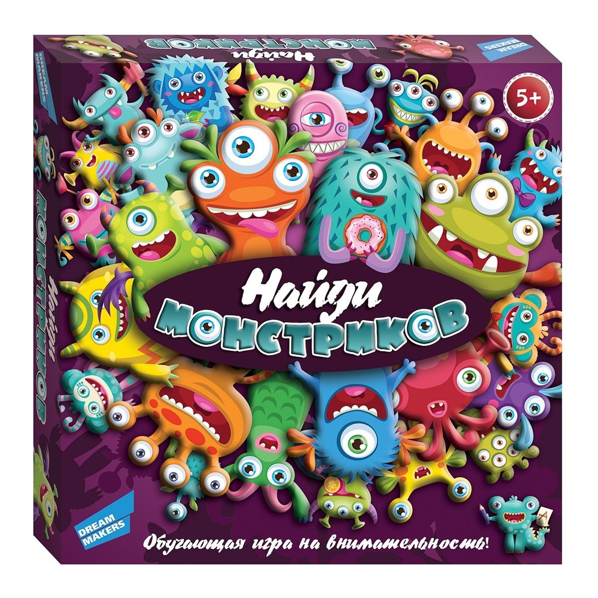 Dream Makers Обучающая игра Найди монстриков1619H Dream Makers Обучающая игра Найди монстриков1619HРазвивающая игра для детей от 5 лет, рассчитанная на 2-4 игроков, им необходимо отыскать нужных монстриков на игровом поле. Краткие правила игры: в свой ход игрок берёт из колоды три карточки и кладёт их перед собой в ряд рубашками вверх. Затем поочередно переворачивает карточки картинками вверх. Как только карточки открыты, все остальные игроки начинают искать на игровом поле монстриков, которые нарисованы на открытых карточках. Комплектация: игровые карточки: 120 шт., игровое поле: 1 шт., фишки игральные: 12 шт., правила игры.