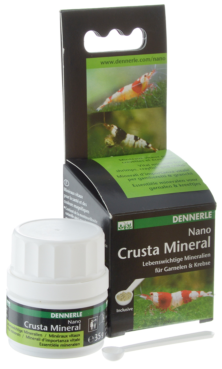 Комплекс минералов Dennerle NANO Crusta Mineral, для креветок, раков и сомов, 35 гDEN5864 Комплекс минералов Dennerle NANO Crusta Mineral, для креветок, раков и сомов, 35 гDEN5864Dennerle NANO Crusta Mineral - мультиминеральный препарат, содержащий монтмориллонитовую глину. Комплекс минералов содержит биоактивный кальций и магний для беспроблемной линьки, здорового роста и прочного экзоскелета, также способствует усилению белой окраски всех видов креветок Caridina и Neocaridina. Дозировка и способ применения: 2 мерные ложки с небольшой горкой на 10 л аквариумной воды каждую неделю. Более высокая дозировка возможна в тех случаях, когда это необходимо. Размешайте NANO Crusta Mineral в воде, а затем разлейте равномерно по аквариуму. Незначительные помутнение воды исчезает в течение нескольких часов. Эта дозировка добавляет около 1,42 мг/л кальция и 0,23 мг/л магния в воде и повышает общую жесткость на 0,25°d. Не приводит к увеличению карбонатной жесткости.