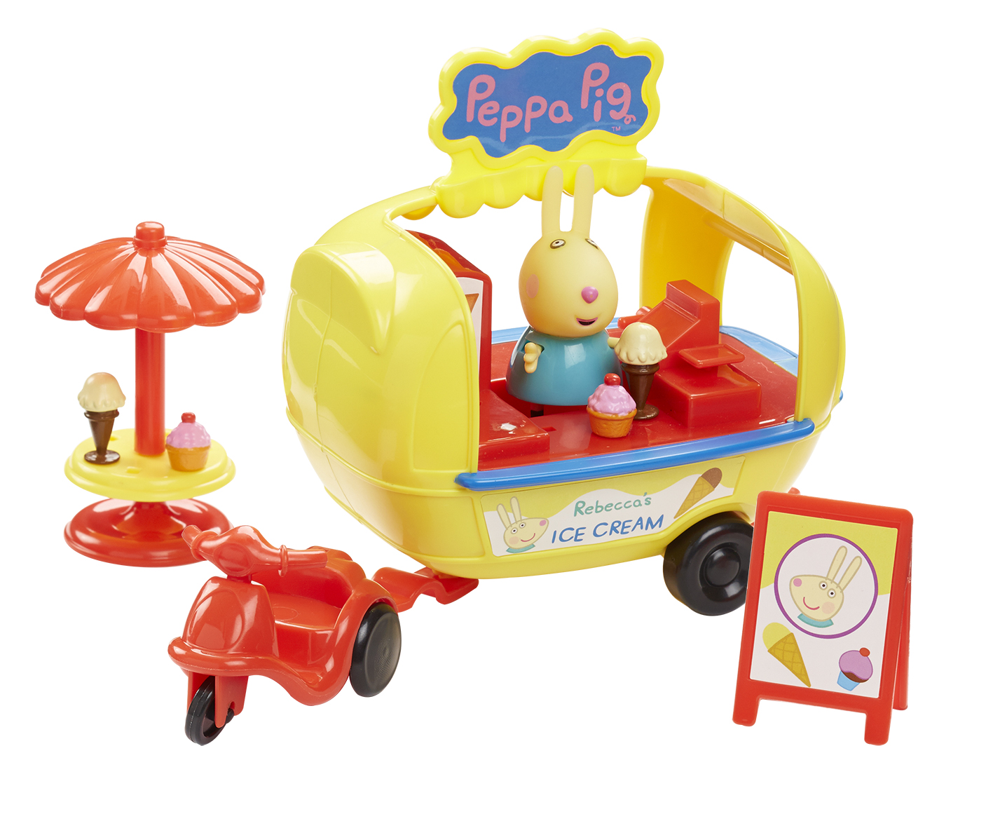Peppa Pig Набор фигурок Кафе-мороженое Ребекки30628 Peppa Pig Набор фигурок Кафе-мороженое Ребекки30628Кролик Ребекка решила устроить настоящий праздник мороженого, и теперь она всем продает любимое лакомство. Ваш малыш хочет присоединиться к ее увлекательному занятию? Тогда игровой набор Кафе-мороженое Ребекки ТМ Свинка Пеппа ему поможет в этом. В комплекте 8 предметов: красный одноместный трицикл, соединенный с красно-желтым фургоном-прилавком с окошками и вывеской Кафе-мороженное Ребекки (размер фургона: 13x13x10 см), фигурка Ребекки (5,5 см) с подвижными ручками и ножками, 3 рожка с мороженым, столик с зонтиком, доска объявлений. Сюжетно-ролевая игра с этим набором активно развивает у детей воображение, координацию движений, творческое мышление и навыки общения. А чтобы эта веселая игра стала еще интереснее, можно дополнительно приобрести другие игрушки из серии Свинка Пеппа. Игрушки выполнены из качественного пластика и пластизоля.