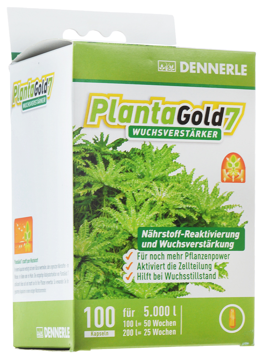 Удобрение для аквариумных растений Dennerle Planta Gold 7, стимулятор роста, в капсулах, 100 штDEN4475 Удобрение для аквариумных растений Dennerle Planta Gold 7, стимулятор роста, в капсулах, 100 штDEN4475Удобрение Dennerle Planta Gold 7 предназначено для активной стимуляции роста всех видов аквариумных растений. Натуральные биоэнзимы активируют деление клеток и, как следствие, стимулируют рост. Удобрение восстанавливает неиспользованные питательные вещества, делая их вновь доступными для растений. Planta Gold 7 эффективно помогает при замедлении роста. Дозировка: 1 капсула на 50 литров аквариумной воды раз в неделю.