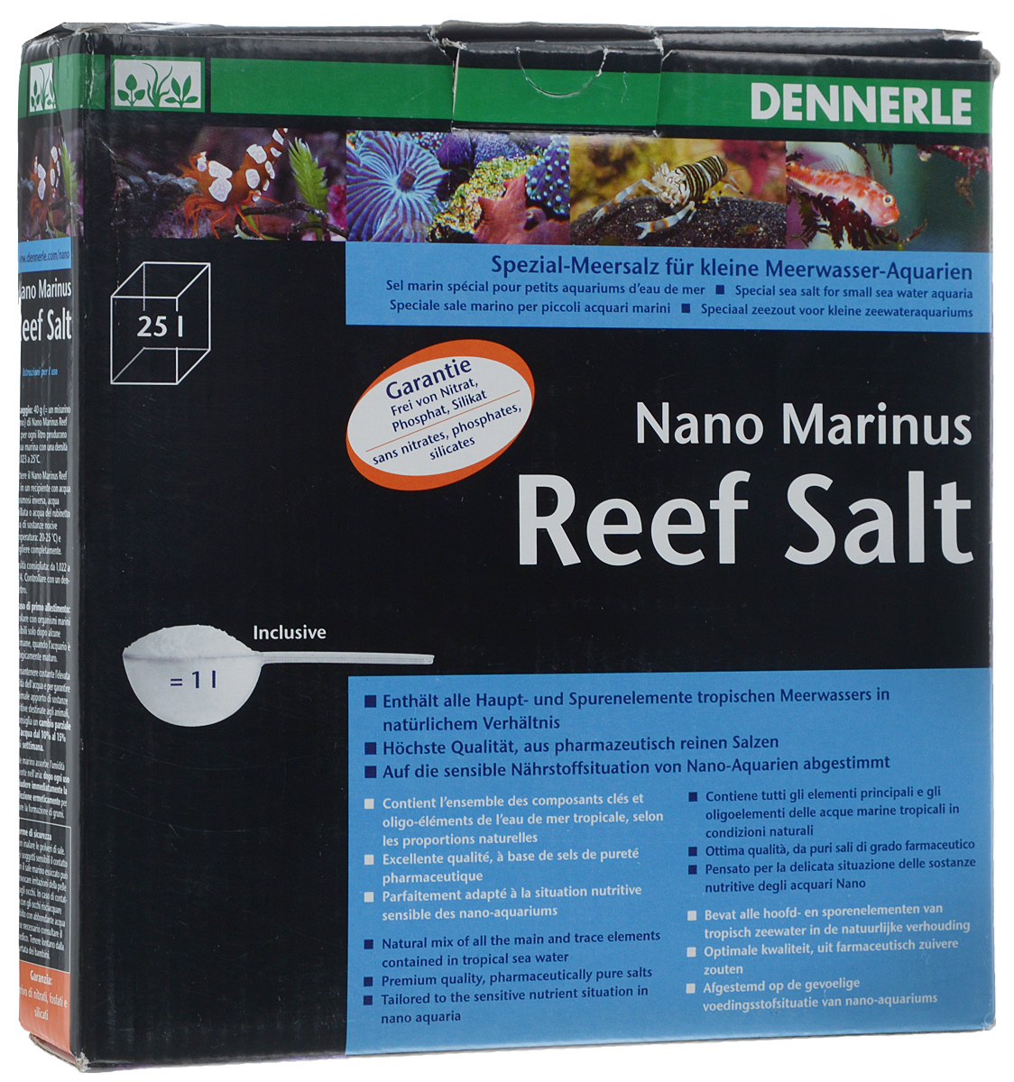 Морская соль Dennerle Nano Marinus ReefSalt, 1 кгDEN5625 Морская соль Dennerle Nano Marinus ReefSalt, 1 кгDEN5625Морская соль Dennerle Nano Marinus ReefSalt содержит все основные микроэлементы тропической морской воды в естественном соотношении. Dennerle Nano Marinus ReefSalt - идеальная основа жизни для коралловых раб, твердых и мягких кораллов, креветок, а также всех прочих обитателей коралловых рифов. Соль составлена с учетом повышенной чувствительности нано-аквариумов к питательным веществам. Не содержит нитратов, фосфатов, силикатов. В комплекте идет мерная ложечка.