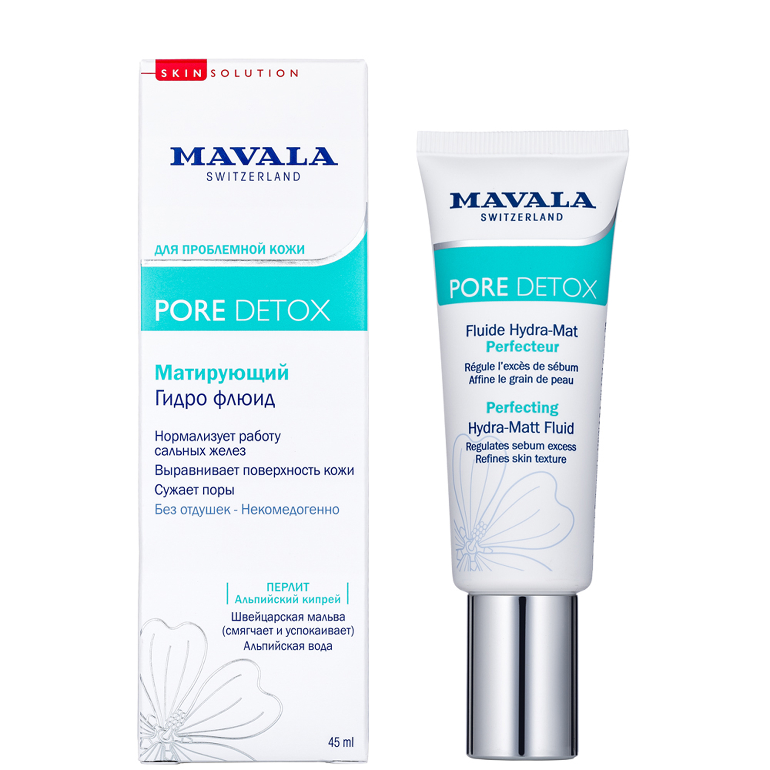 Mavala Матирующий Гидро Флюид Pore Detox Perfecting Hydra-Matt Fluid 45 мл07-308 Mavala Матирующий Гидро Флюид Pore Detox Perfecting Hydra-Matt Fluid 45 мл07-308Плохая экология и гормональные сбои мгновенно отражаются на лице. На коже появляются несовершенства и жирный блеск, поры расширяются и становятся более заметными. Матирующий Гидро Флюид — новая разработка швейцарской компании Mavala. Средство входит в линейку Pore Detox, которая предназначена для нормализующего ухода за кожей лица. Гидро Флюид делает поры менее заметными и улучшает состояние кожи. Благодаря альпийскому Кипрею регулируется выработка себума — кожного жира. В состав средства входит ультралегкая минеральная пудра Перлита. Она мгновенно делает кожу матовой, сохраняя естественное сияние и прозрачность. Гидро Флюид также содержит комплекс микро-пигментов «soft focus», который маскирует несовершенства. Гидро Флюид был разработан в исследовательской лаборатории Mavala в Женеве (Швейцария). Средство очень эффективно и в тоже время деликатно ухаживает за жирной кожей лица. При постоянном применении состояние кожи улучшается, лицо становится чистым и свежим, без жирного блеска....
