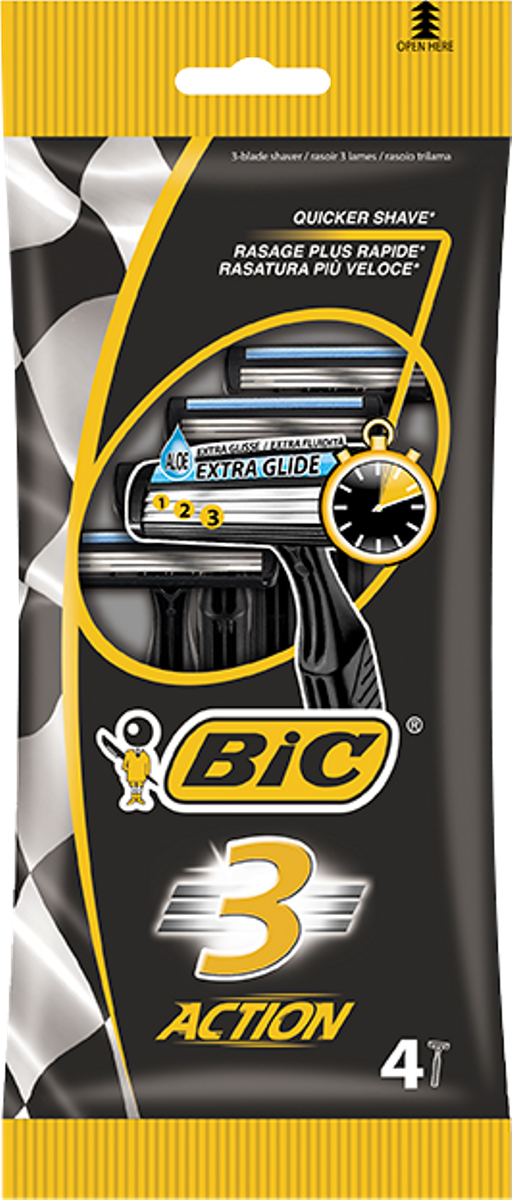 Bic Бритва Bic3 Экшен, уп.4 шт919435 Bic Бритва Bic3 Экшен, уп.4 шт919435Три лезвия с хромо-полимерным покрытием для мягкого и тщательного бритья. Фиксированная головка. Увлажняющая полоска с витамином Е. Изогнутая ребристая ручка.