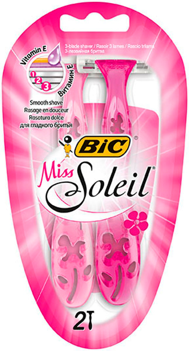 Bic Бритва Miss Solleil, бл.2 шт931540 Bic Бритва Miss Solleil, бл.2 шт9315403-лезвийная женская бритва с технологией хромо-полимерного покрытия для более тщательного и мягкого бритья. Фиксированная головка. Двойная увлажняющая полоска с витамином Е. Элегантный дизайн ручки с цветочным узором. Эргономичная ручка.