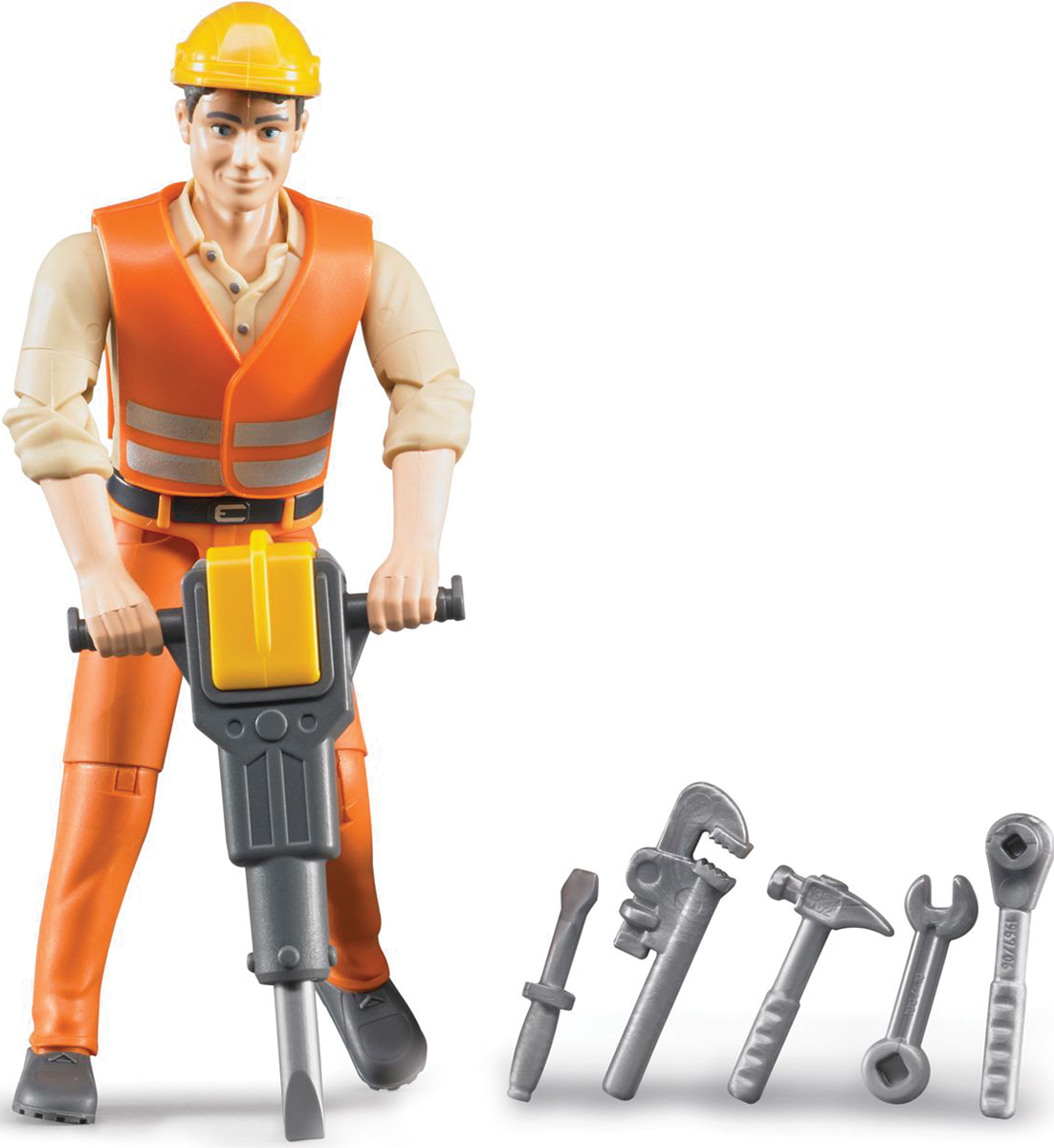 Bruder Фигурка Строитель60-020 Bruder Фигурка Строитель60-020Реалистичная фигурка строителя Bruder представляет собой молодого человека в форме рабочего стройки. Фигурка выполнена в виде высокого мужчины крепкого телосложения в светло-желтой рубашке и бежевых джинсах, дополненные специальным жилетом строителя и каской на голове. В руках у него-отбойный молоток. У фигурки подвижные части тела, руки и ноги можно сгибать, а голову поворачивать в разные стороны. Фигурка может удерживать различные предметы (лопаты, тачки и т.д. - в набор не входят), а также держаться за руль автомобилей Bruder. Играя с фигуркой, ваш ребенок узнает, что при помощи инструментов и отбойного молотка можно провести разные работы на стройплощадке. Во время игры ваш ребенок научится ценить чужой труд.
