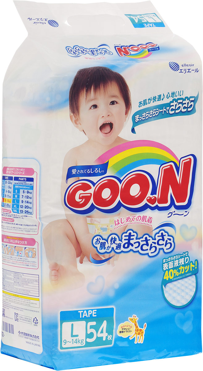 GOON Подгузники, 9-14 кг, 54 шт753134 GOON Подгузники, 9-14 кг, 54 шт753134Японские подгузники Goo.N - это новая линейка подгузников с мягким впитывающим слоем с добавлением витамина Е, для еще большей защиты от опрелостей и покраснений. Гладкий как шелк и очень мягкий хлопок идеально подходит для чувствительной кожи Ваших малышей, позволяя коже ребенка дышать. Отделяемая жидкость скапливается в нижнем слое подгузников, при этом кожа не контактирует с мочой ребенка. Мягкая резинка на талии, сделанная из высококачественной лайкры, растягивается и сжимается, благодаря специальной складке, обеспечивая плотное прилегание к телу ребенка и не создавая излишнего давления и дискомфорта. К тому же подгузники Goo.N не протекают и не сползают даже в период активности ребенка. При наполнении линии-индикаторы изменяют цвет на синий, показывая, что произошло мочеиспускание, а значит пора менять подгузник. Характеристики: Весовая категория: 9-14 кг. Размер: L (Large). Размер упаковки: 41 см х 27 см х 12 см.