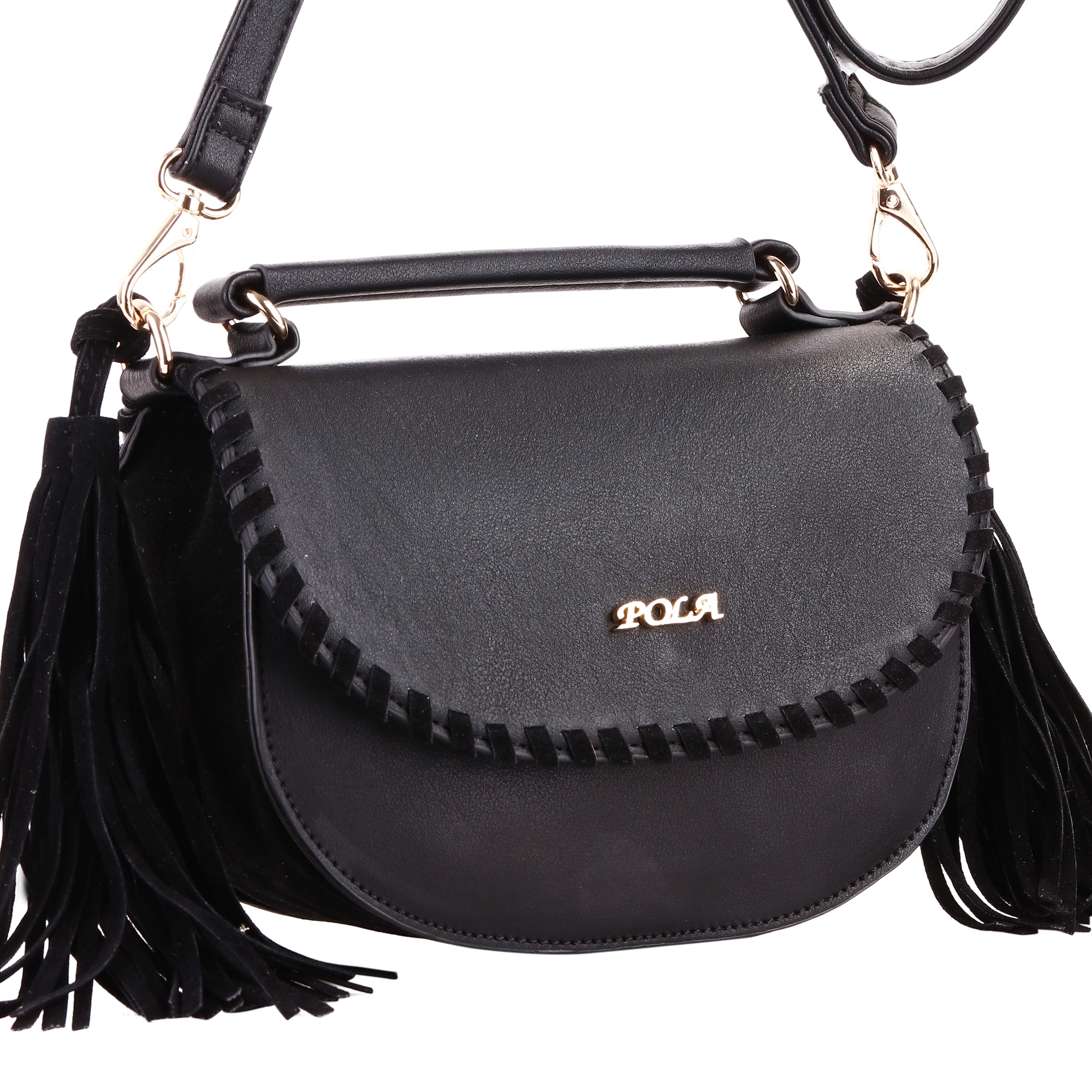 Сумка женская Pola, цвет: черный. 44154415 Сумка женская Pola, цвет: черный. 44154415Женская сумка Pola выполнена из экокожи. Сумка закрывается на молнию и клапан. Сумка имеет одно основное отделение, внутри - один открытый карман и один небольшой карман на молнии. В комплекте съемный плечевой ремень, регулируемый по длине, максимальная высота 64 см. Высота ручки - 5 см. По бокам сумка украшена крупными кистями. Цвет фурнитуры - золото.
