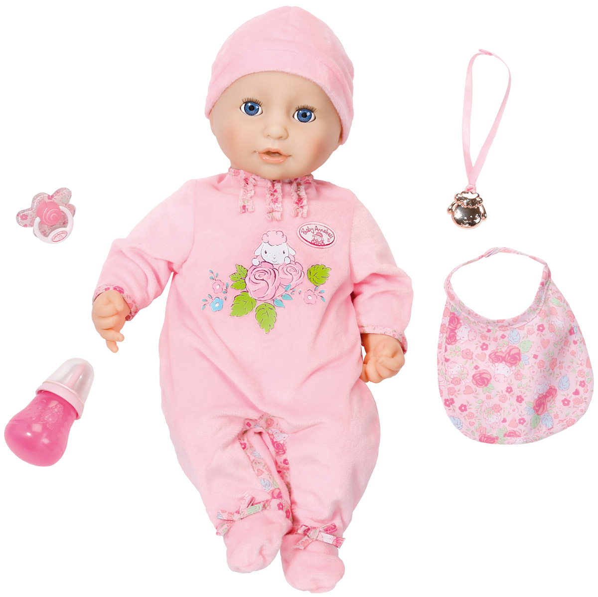 Baby Annabell Пупс с мимикой в розовом комбинезоне 794-821794-821 Baby Annabell Пупс с мимикой в розовом комбинезоне 794-821794-821Интерактивная кукла Baby Annabell порадует вашу малышку и доставит ей много удовольствия от часов, посвященных игре с ней. Кукла выглядит совсем как настоящий младенец. У девочки большие голубые глазки, длинные ресницы, пухлые розовые щечки и поджатые губки. Малышка одета в розовый комбинезончик, на голове шапочка. Ручки, ножки и голова выполнены из высококачественного мягкого винила, туловище мягконабивное. Кукла выглядит очень реалистично и ведет себя как настоящий ребенок. Пупс обладает живой мимикой, она смешно двигает ртом и причмокивает, когда сосет соску или пьет из бутылочки. При этом у нее сонно открываются и закрываются глазки. Малышка реагирует на маму, издавая различные звуки, чихает, хихикает, агукает, что-то лепечет и посапывает во время сна. После кормления малышка срыгивает. Если ее испугает громкий звук, она начнет плакать настоящими слезами и успокоится, только получив соску или бутылочку. Нажав на пупочек куклы, она начнет писать....