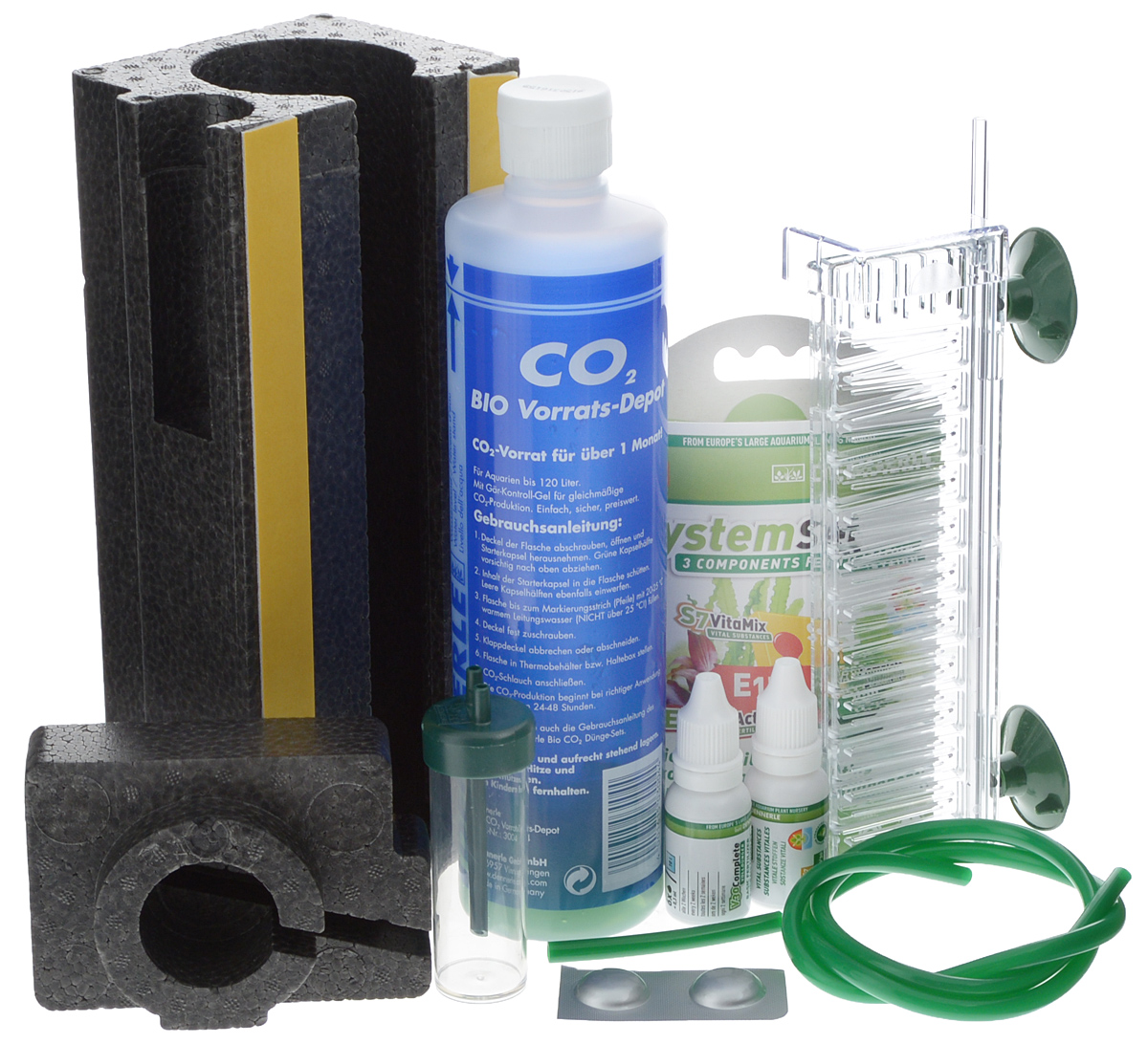 Установка в аквариум Dennerle BIO 120 CO2 Profi KomplettSet, для подачи СО2DEN3009 Установка в аквариум Dennerle BIO 120 CO2 Profi KomplettSet, для подачи СО2DEN3009Установка в аквариум Dennerle BIO 120 CO2 Profi KomplettSet предназначена для подачи СО2 в аквариум. Подходит для аквариумов объемов до 120 л. Комплект включает в себя: - Реакционный баллон для производства СО2 с контролируемым гелем; - Стартовая капсула; - Термоконтейнер; - Реактор СО2 Dennerle Micro-Flipper; - Шланг для CO2; - Счетчик пузырьков; - Комплекс удобрений Dennerle PerfectPlant.