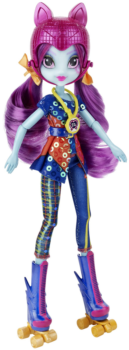 My Little Pony Кукла Sunny Flare Sporty StyleB1772EU4_B5683 My Little Pony Кукла Sunny Flare Sporty StyleB1772EU4_B5683Пони-девочка Sunny Flare из мультфильма Equestria Girl - это удивительная и очаровательная кукла, которую так давно ждали ценители маленьких пони. У нее Flare тело необычного голубого оттенка и фиолетовые волосы, собранные в два хвостика. Глаза у куклы очень красивые и выразительные, бледно-розового цвета. На щеке изображена кьюти-марка девушки-пони. Кукла одета в блестящую кофточку и облегающие лосины. У нее очень стильная обувь: высокие сапоги до колен, синие с розовой шнуровкой и желтые ролики. Ножки куклы, как и ее руки, могут двигаться и сгибаются. Голову можно поворачивать, а волосы - распустить и расчесывать, а также делать из них прически по своему вкусу. В комплект вместе с куклой входит коллекционная карточка. А еще у куклы есть необычный аксессуар - ожерелье с медалькой. Если его отсканировать приложением Friendship Games на мобильном устройстве, в нем откроются бонусные возможности.