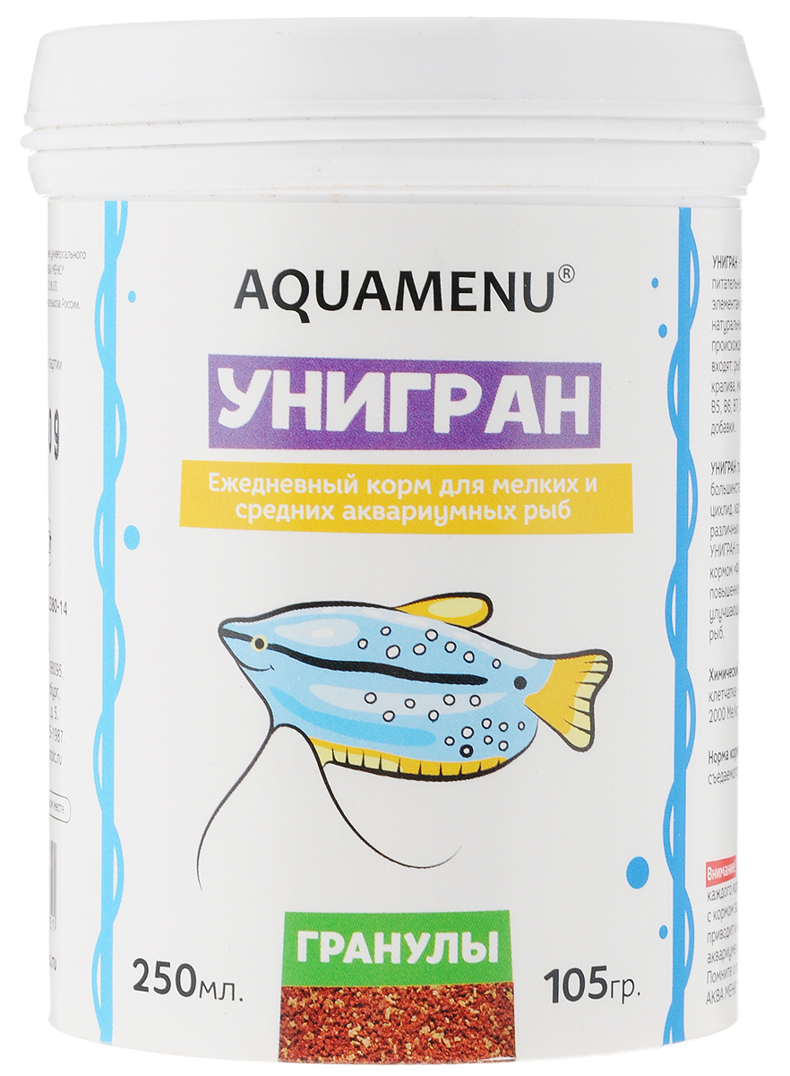 Корм для рыб Aquamenu Унигран для мелких и средних аквариумных рыб, 250 мл (105 г)00000001152 Корм для рыб Aquamenu Унигран для мелких и средних аквариумных рыб, 250 мл (105 г)00000001152Хлопьевидный корм Aquamenu Унигран предназначен для ежедневного кормления большинства видов аквариумных рыб. Корм производится по современной технологии из натуральных продуктов животного и растительного происхождения методом инфракрасной сушки. Связующие ингредиенты делают корм более экзотичным, ограничивая вымывание питательных веществ, аминокислот и витаминов во время пребывания в воде. Aquamenu Унигран предназначен для ежедневного кормления большинства видов аквариумных рыб: живородящих цихлид, харациновых, лабиринтовых, карповых, различных сомов и других рыб длиною 3-10 см. Состав: рыбная, пшеничная, соевая, травяная и водорослевая мука, крапива, микроэлементы, витамины A, B1, B2, B3, B4, B5, B6, B7, B8, B12, C, D3, E, K, H и специальные добавки. Товар сертифицирован.