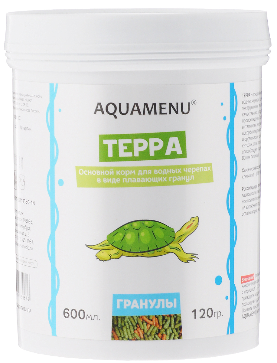 Корм Aquamenu Терра, для водных черепах, 600 мл (120 г)00000001146 Корм Aquamenu Терра, для водных черепах, 600 мл (120 г)00000001146Корм Aquamenu Терра - это основной корм в виде плавающих гранул для водных черепах. Корм изготовлен по современной экструзионной технологии из натуральных высококачественных продуктов животного и растительного происхождения. Содержит водоросли, комплекс витаминов и минералов, стабилизированную аскорбиновую кислоту. Специальные минеральные и органические добавки укрепляют иммунитет и способствуют сохранению скелета и панциря ваших питомцев. Товар сертифицирован.