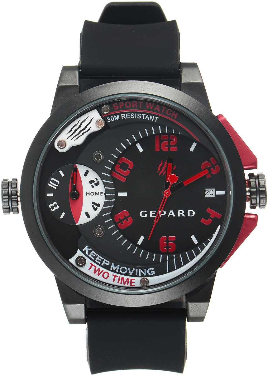 Наручные часы мужские Gepard, цвет: черный, красный. 1221A11L51221A11L5 Наручные часы мужские Gepard, цвет: черный, красный. 1221A11L51221A11L5Наручные часы Gepard выполнены из металла и минерального стекла. Циферблат оформлен символикой бренда. Корпус часов оформлен матовой поверхностью с весьма оригинальным циферблатом. Часы оснащены кварцевым механизмом, дополнены устойчивым к царапинам минеральным стеклом. Ремешок выполнен из силикона и оснащен пряжкой, благодаря которой можно с легкостью снимать и надевать изделие.