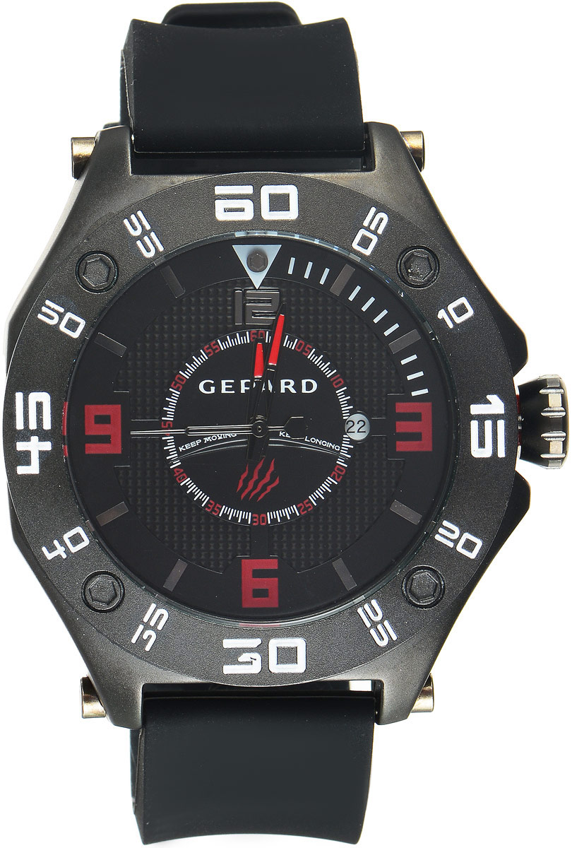 Наручные часы мужские Gepard, цвет: черный. 1222A11L21222A11L2 Наручные часы мужские Gepard, цвет: черный. 1222A11L21222A11L2Наручные часы Gepard выполнены из металла. Циферблат оформлен символикой бренда. Оригинальная композиция двухуровневого циферблата представлена в виде сочетания ярких арабских цифр и широких стальных знаков, которую оттеняет необычное гильоширование «женевские гвозди» на нижнем уровне. Часы оснащены кварцевым механизмом, дополнены устойчивым к царапинам минеральным стеклом. Задняя крышка изготовлена из высокотехнологичной нержавеющей стали. Часы снабжены эргономичным силиконовым ремнем с надежной застежкой.
