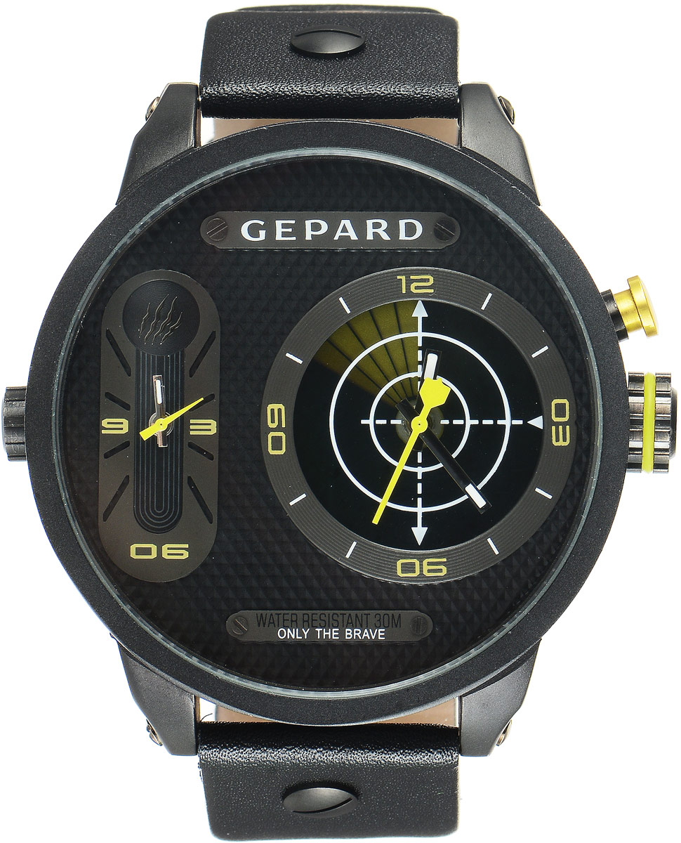 Наручные часы мужские Gepard, цвет: черный, желтый. 1224A11L51224A11L5 Наручные часы мужские Gepard, цвет: черный, желтый. 1224A11L51224A11L5Наручные часы Gepard выполнены из металла и минерального стекла. Циферблат оформлен символикой бренда. На гильошированной поверхности два циферблата, позволяющих определить время в разных часовых поясах. При нажатии на кнопку над большой заводной головкой на круглом циферблате запускается и останавливается вращение сектора, обегающего круг за четыре секунды. Корпус изделия оснащен кварцевым механизмом, дополнен устойчивым к царапинам минеральным стеклом. Ремешок выполнен из искусственной кожи и оснащен пряжкой, благодаря которой можно с легкостью снимать и надевать изделие.