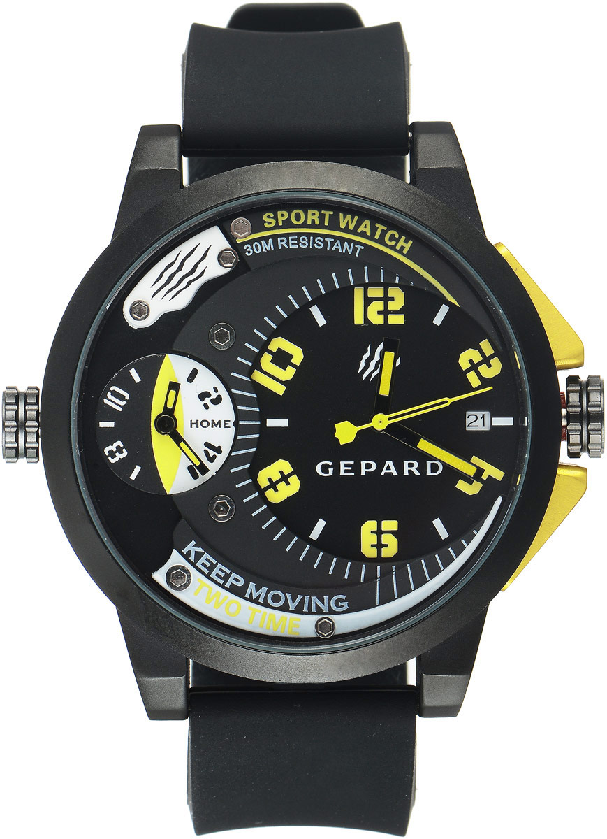 Наручные часы мужские Gepard, цвет: черный, желтый. 1221A11L61221A11L6 Наручные часы мужские Gepard, цвет: черный, желтый. 1221A11L61221A11L6Наручные часы Gepard выполнены из металла и минерального стекла. Циферблат оформлен символикой бренда. Корпус часов оформлен матовой поверхностью с весьма оригинальным циферблатом. Часы оснащены кварцевым механизмом, дополнены устойчивым к царапинам минеральным стеклом. Ремешок выполнен из силикона и оснащен пряжкой, благодаря которой можно с легкостью снимать и надевать изделие.