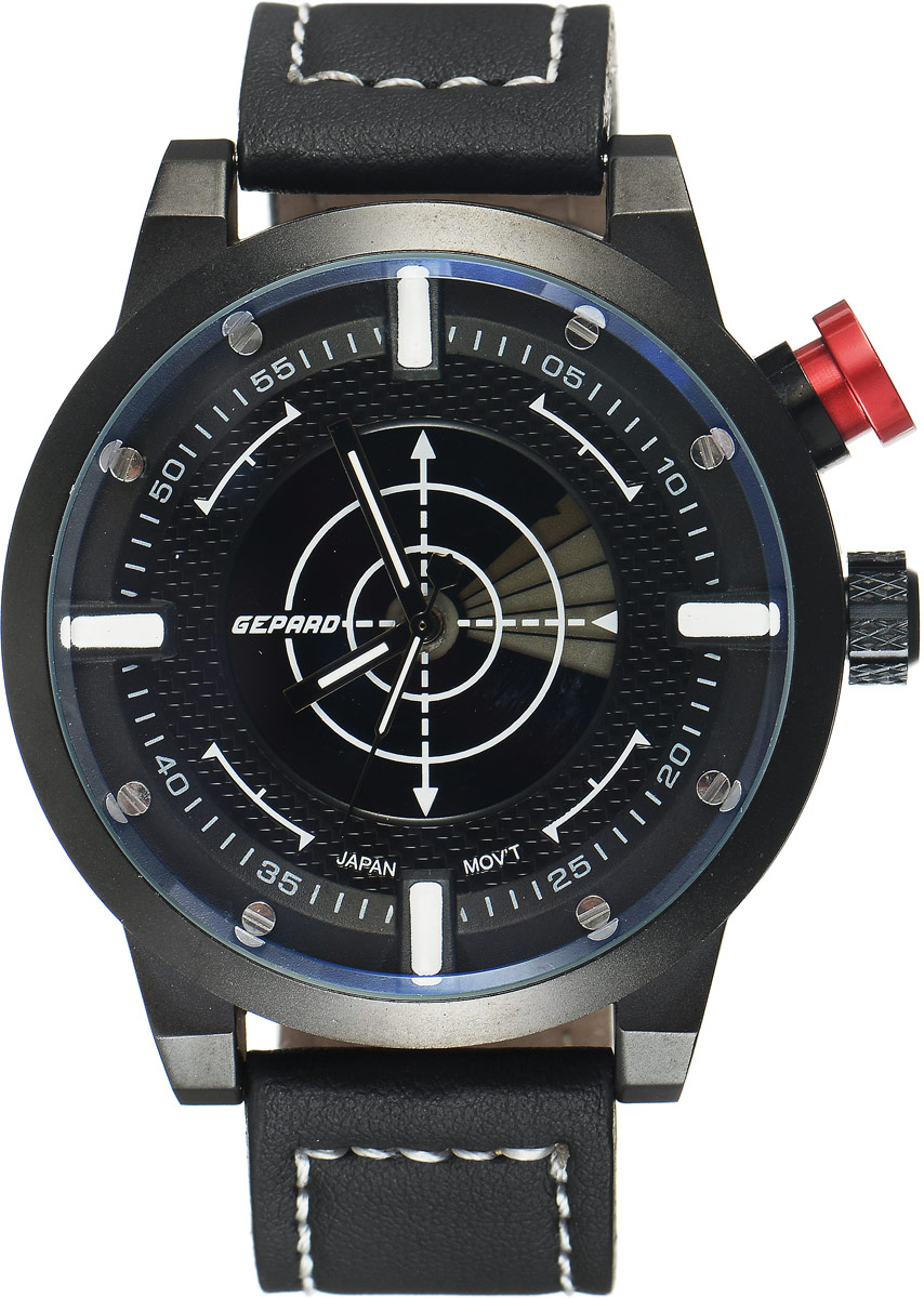 Наручные часы мужские Gepard, цвет: черный. 1225A11L11225A11L1 Наручные часы мужские Gepard, цвет: черный. 1225A11L11225A11L1Наручные часы Gepard выполнены из металла и минерального стекла. Циферблат оформлен в четырех уровнях, что придает этим бескомпромиссно мужским часам современный вид. При нажатии на большую кнопку над переводной головкой в центральной части циферблата запускается и останавливается вращение сектора, обегающего круг за четыре секунды. Минеральное стекло с сапфировым напылением устойчиво к царапинам. Ремень из искусственной кожи с контрастной прострочкой комплектуется стальной застежкой-пряжкой, гарантирующей комфорт и надежность.