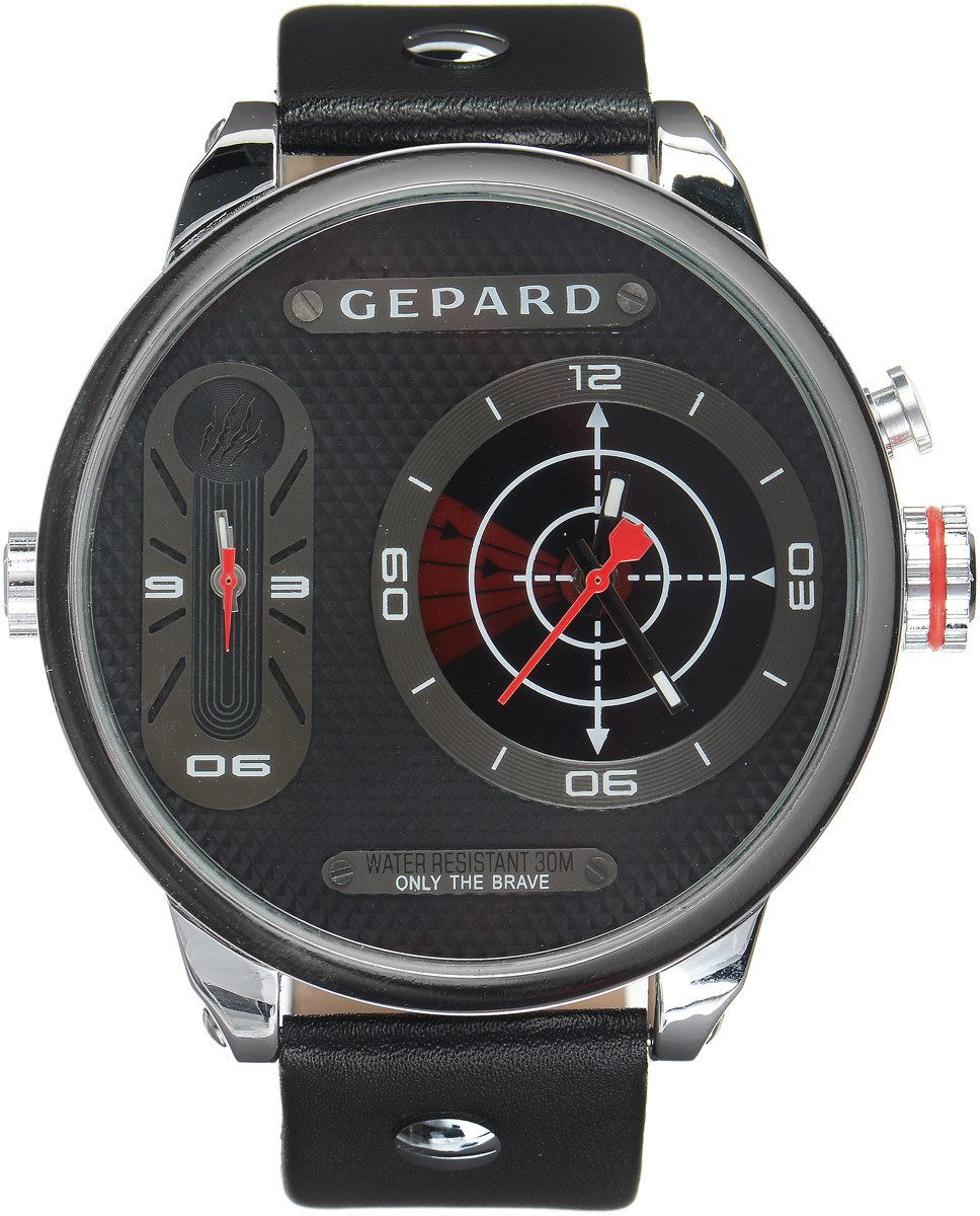 Наручные часы мужские Gepard, цвет: серебристый, красный. 1224A1L11224A1L1 Наручные часы мужские Gepard, цвет: серебристый, красный. 1224A1L11224A1L1Наручные часы Gepard выполнены из металла и минерального стекла. Циферблат оформлен символикой бренда. На гильошированной поверхности два циферблата, позволяющих определить время в разных часовых поясах. При нажатии на кнопку над большой заводной головкой на круглом циферблате запускается и останавливается вращение сектора, обегающего круг за четыре секунды. Корпус изделия оснащен кварцевым механизмом, дополнен устойчивым к царапинам минеральным стеклом. Ремешок выполнен из искусственной кожи и оснащен пряжкой, благодаря которой можно с легкостью снимать и надевать изделие.