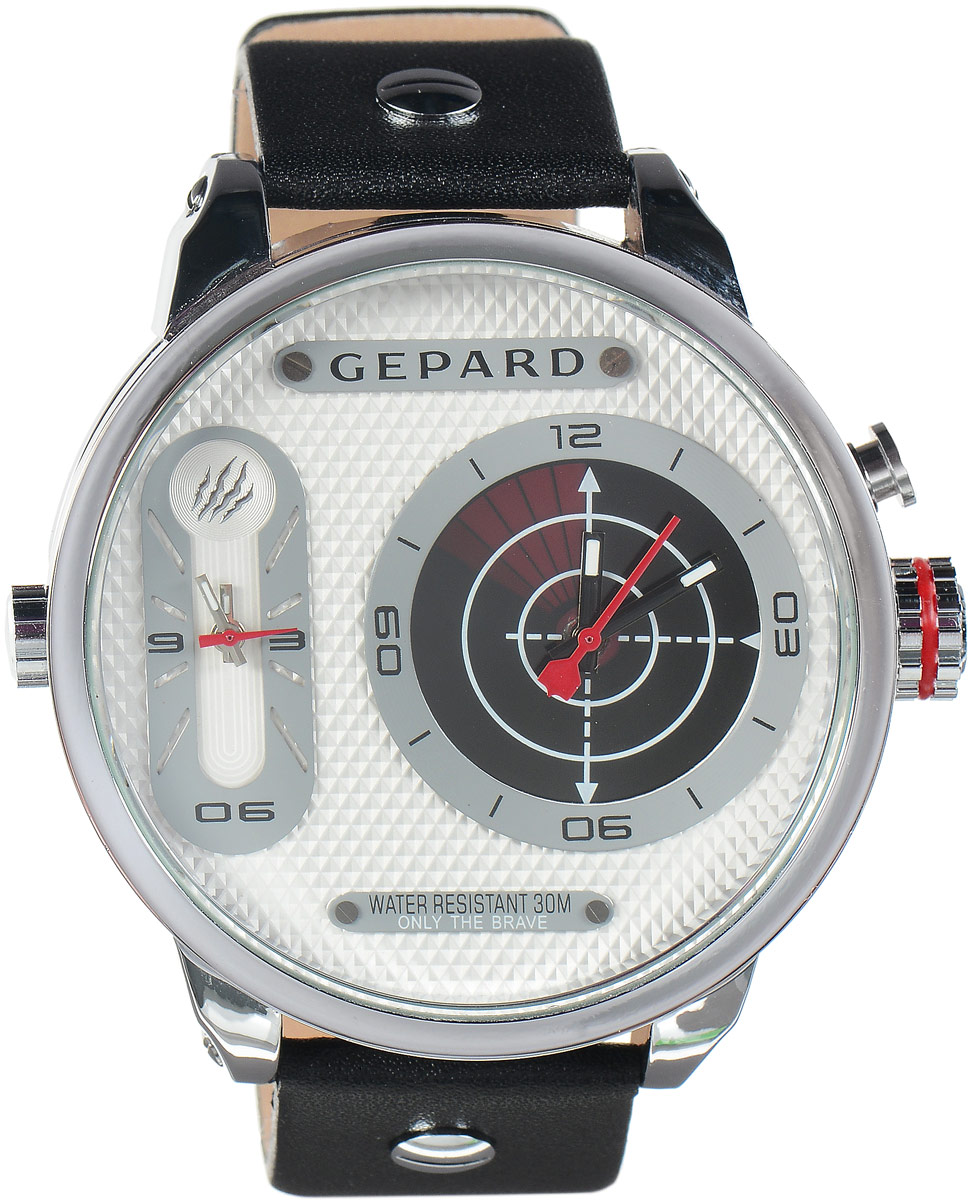 Наручные часы мужские Gepard, цвет: серебристый, красный. 1224A1L21224A1L2 Наручные часы мужские Gepard, цвет: серебристый, красный. 1224A1L21224A1L2Наручные часы Gepard выполнены из металла и минерального стекла. Циферблат оформлен символикой бренда. На гильошированной поверхности два циферблата, позволяющих определить время в разных часовых поясах. При нажатии на кнопку над большой заводной головкой на круглом циферблате запускается и останавливается вращение сектора, обегающего круг за четыре секунды. Корпус изделия оснащен кварцевым механизмом, дополнен устойчивым к царапинам минеральным стеклом. Ремешок выполнен из искусственной кожи и оснащен пряжкой, благодаря которой можно с легкостью снимать и надевать изделие.