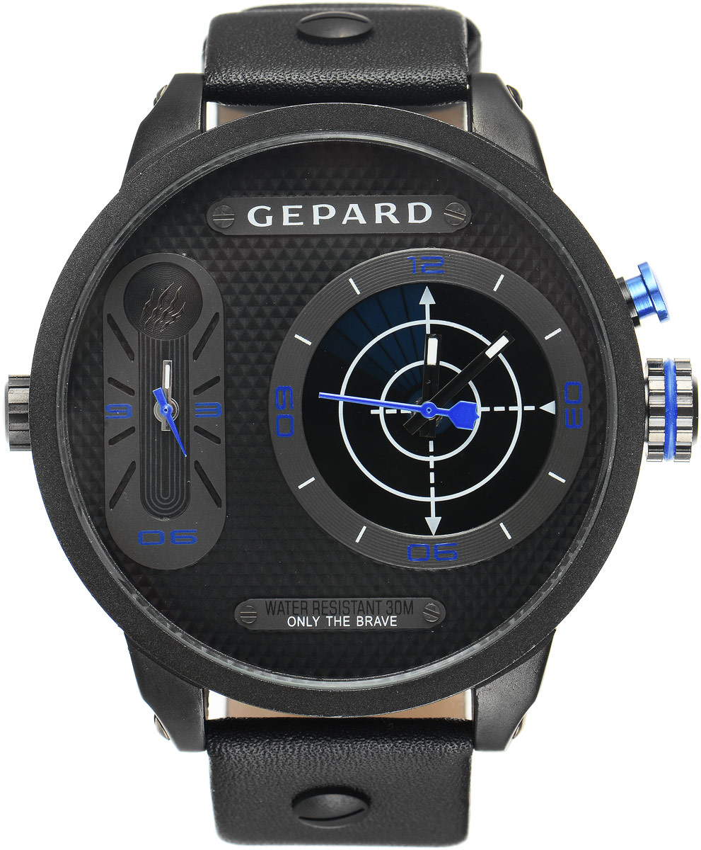 Наручные часы мужские Gepard, цвет: черный, синий. 1224A11L41224A11L4 Наручные часы мужские Gepard, цвет: черный, синий. 1224A11L41224A11L4Наручные часы Gepard выполнены из металла и минерального стекла. Циферблат оформлен символикой бренда. На гильошированной поверхности два циферблата, позволяющих определить время в разных часовых поясах. При нажатии на кнопку над большой заводной головкой на круглом циферблате запускается и останавливается вращение сектора, обегающего круг за четыре секунды. Корпус изделия оснащен кварцевым механизмом, дополнен устойчивым к царапинам минеральным стеклом. Ремешок выполнен из искусственной кожи и оснащен пряжкой, благодаря которой можно с легкостью снимать и надевать изделие.