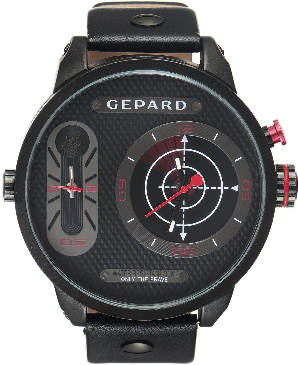 Наручные часы мужские Gepard, цвет: черный, красный. 1224A11L31224A11L3 Наручные часы мужские Gepard, цвет: черный, красный. 1224A11L31224A11L3Наручные часы Gepard выполнены из металла и минерального стекла. Циферблат оформлен символикой бренда. На гильошированной поверхности два циферблата, позволяющих определить время в разных часовых поясах. При нажатии на кнопку над большой заводной головкой на круглом циферблате запускается и останавливается вращение сектора, обегающего круг за четыре секунды. Корпус изделия оснащен кварцевым механизмом, дополнен устойчивым к царапинам минеральным стеклом. Ремешок выполнен из искусственной кожи и оснащен пряжкой, благодаря которой можно с легкостью снимать и надевать изделие.