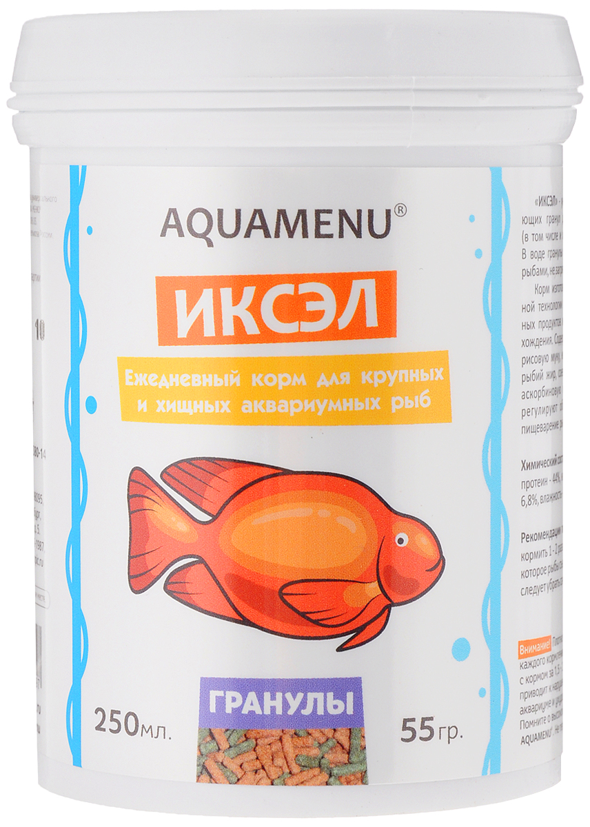 Корм Aquamenu Иксэл для крупных и хищных рыб, 250 мл (55 г)00000001404 Корм Aquamenu Иксэл для крупных и хищных рыб, 250 мл (55 г)00000001404Aquamenu Иксэл - универсальный корм в виде плавающих гранул для крупных аквариумных рыб (в том числе и хищных) - цихлид, карповых и др. В воде гранулы размягчаются, хорошо поедаются рыбами, не загрязняют аквариум. Корм изготовлен по современной экструзионной технологии из натуральных высококачественных продуктов животного и растительного происхождения. Содержит рыбную муку, травяную муку, рисовую муку, комплекс витаминов и минералов, рыбий жир, соевый лецитин, стабилизированную аскорбиновую кислоту. Специальные добавки регулируют обмен веществ и нормализуют пищеварение рыб. Товар сертифицирован.