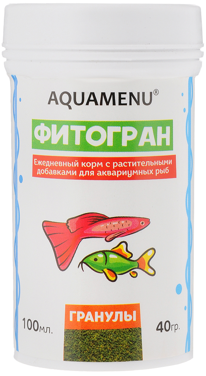 Корм Aquamenu Фитогран для аквариумных рыб, с растительными добавками, 100 мл (40 г)00000001148 Корм Aquamenu Фитогран для аквариумных рыб, с растительными добавками, 100 мл (40 г)00000001148Aquamenu Фитогран - сбалансированный по всем основным питательным веществам, витаминам и микроэлементам гранулированный корм. Производится из натуральных продуктов животного и растительного происхождения методом экструзии. Aquamenu Фитогран предназначен для ежедневного кормления большинства преимущественно растительноядных видов аквариумных рыб: живородящих, карпозубых, карповых, многих харациновых, лабиринтовых, сомов, африканских цихлид и других рыб длиною 3-10 см. Состав: рыбная, пшеничная, соевая, травяная и водорослевая мука, крапива, микроэлементы, витамины A, B1, B2, B3, B4, B5, B6, B7, B8, B12, C, D3, E, K, Н и специальные добавки. Товар сертифицирован.