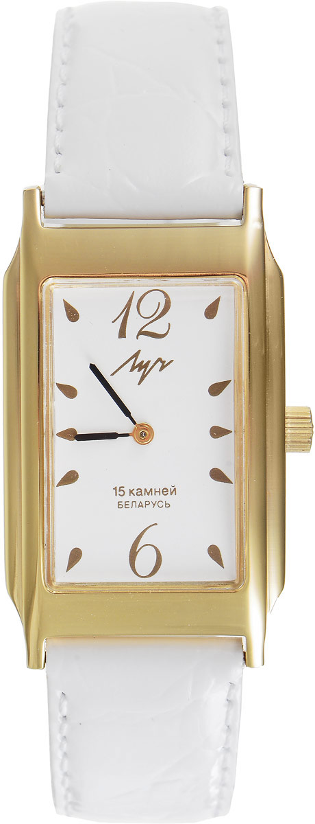 Наручные часы женские Луч, цвет: золотой, белый. 3557815035578150 Наручные часы женские Луч, цвет: золотой, белый. 3557815035578150Элегантные часы Луч выполнены из металлического сплава с золотым напылением. Прямоугольный корпус часов надежно защищен устойчивым к царапинам органическим стеклом. Циферблат оформлен символикой бренда. Кожаный ремешок застегивается на практичную пряжку. Изделие поставляется в фирменной упаковке. Часы Луч подчеркнут изящность женской руки и отменное чувство стиля у их обладательницы.