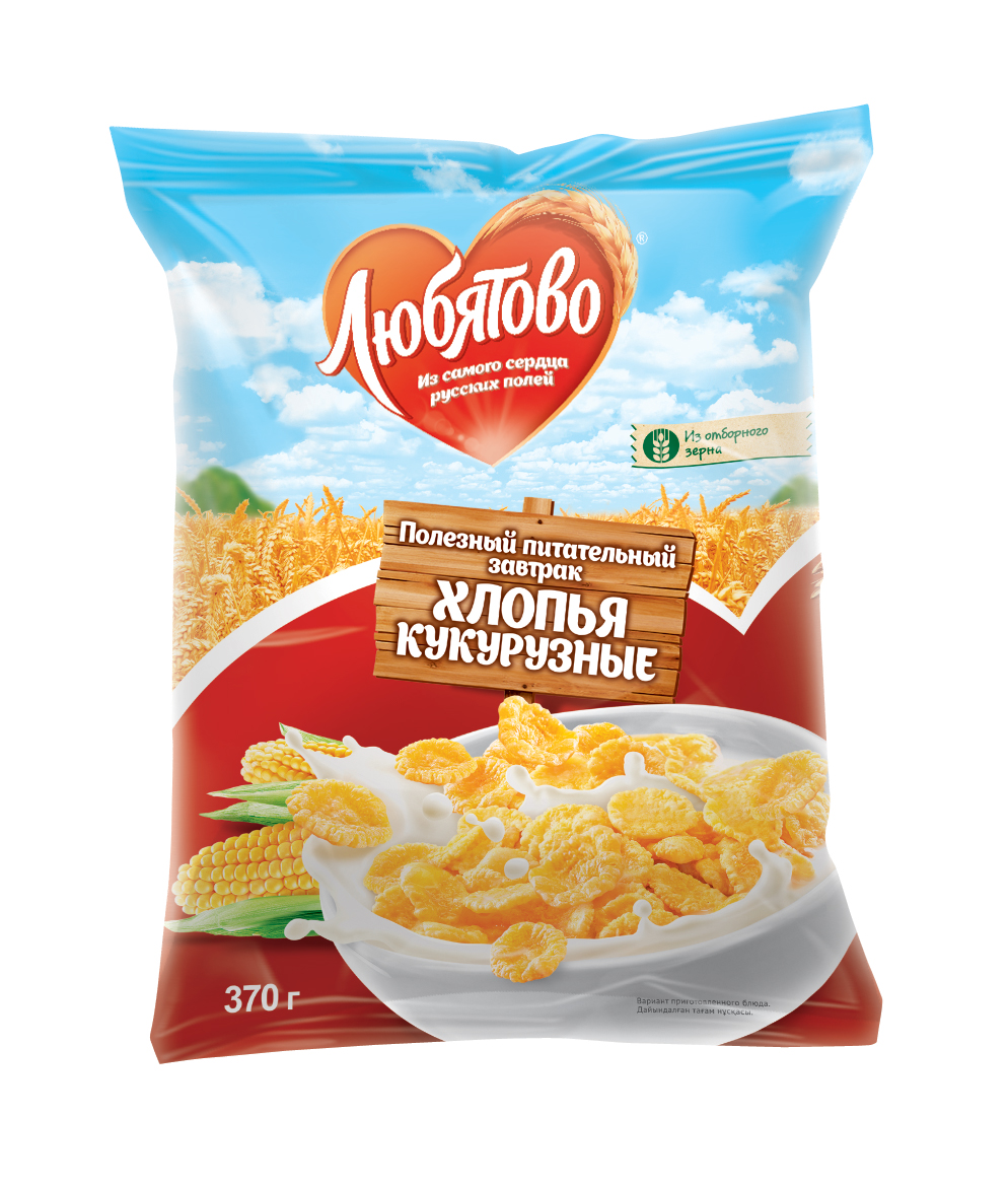 Любятово Готовый завтрак Хлопья кукурузные, 370 г1491 Любятово Готовый завтрак Хлопья кукурузные, 370 г1491Полезный завтрак из цельных злаков.