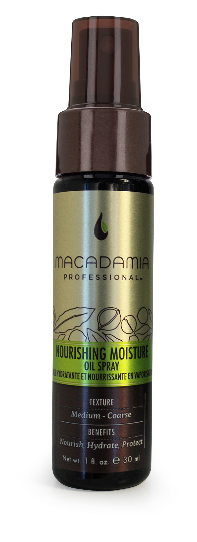 Macadamia Professional Уход масло-спрей увлажняющий, 30 мл400201 Macadamia Professional Уход масло-спрей увлажняющий, 30 мл400201Невесомый уход Macadamia Professional в виде спрея c ультратонким распылением содержит эксклюзивный Pro Oil Complex, мгновенно впитывается в волосы, защищает их, придает мягкость и блеск. Витамин Е увлажняет и обеспечивает длительную гладкость, предохраняет волосы от спутывания, устраняя эффект пушистости. Обеспечивает натуральную УФ-защиту и сохранение цвета окрашенных волос.