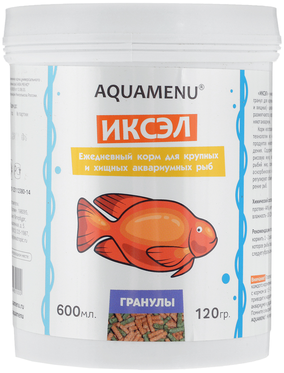 Корм Aquamenu Иксэл, для крупных и хищных рыб, 600 мл (120 г)00000001405 Корм Aquamenu Иксэл, для крупных и хищных рыб, 600 мл (120 г)00000001405Aquamenu Иксэл - универсальный корм в виде плавающих гранул для крупных аквариумных рыб (в том числе и хищных) - цихлид, карповых и др. В воде гранулы размягчаются, хорошо поедаются рыбами, не загрязняют аквариум. Корм изготовлен по современной экструзионной технологии из натуральных высококачественных продуктов животного и растительного происхождения. Содержит рыбную муку, травяную муку, рисовую муку, комплекс витаминов и минералов, рыбий жир, соевый лецитин, стабилизированную аскорбиновую кислоту. Специальные добавки регулируют обмен веществ и нормализуют пищеварение рыб. Товар сертифицирован.