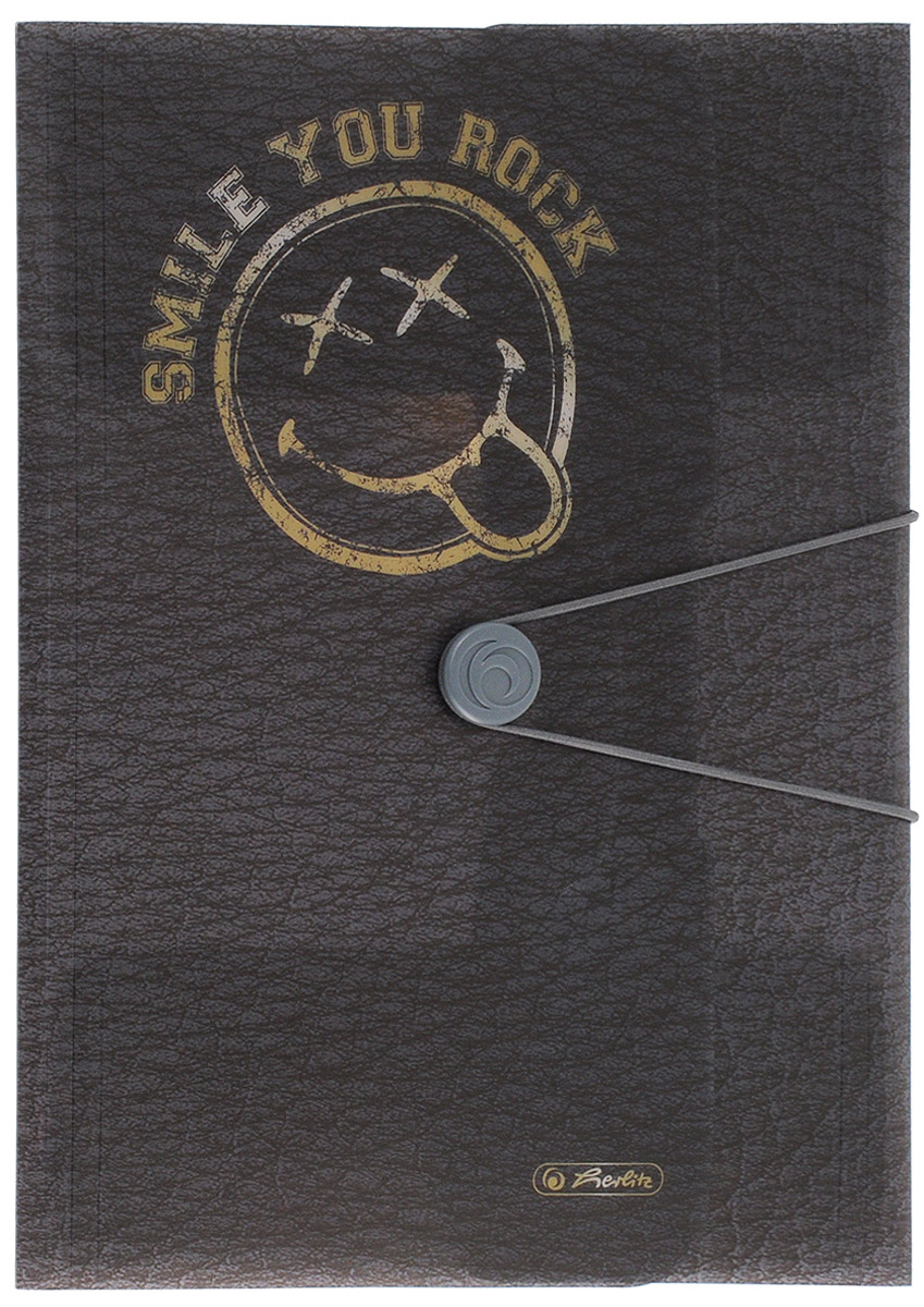 Herlitz Папка на резинке Smile You Rock11257839 Herlitz Папка на резинке Smile You Rock11257839Папка на резинке Smile You Rock предназначена для хранения и транспортировки бумаг или документов формата А4 и рассчитана примерно на 300 листов. Состоит из одного вместительного отделения. Папка изготовлена из плотного полипропилена и оформлена изображением улыбающегося смайла на темно-сером фоне. Закрывается папка с помощью резинки, фиксирующейся на пластиковую заклепку. Папка - это незаменимый атрибут для любого студента, школьника или офисного работника. Такая папка надежно сохранит ваши бумаги и сбережет их от повреждений, пыли и влаги. Широчайший ассортимент товаров под маркой Herlitz известен на российском рынке как символ немецкого качества. Нет такой офисной или школьной принадлежности, которая не нашла бы свое место среди товаров этой марки.