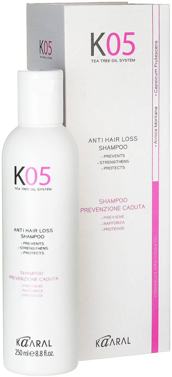 Kaaral Шампунь против выпадения волос К05 Shampoo Anticaduta, 250 мл1050 Kaaral Шампунь против выпадения волос К05 Shampoo Anticaduta, 250 мл1050Для очищения кожи и запуска механизма действия терапевтического комплекса. Активные компоненты шампуня улучшают микроциркуляцию крови. Шампунь обогащен экстрактом стручкового перца, крапивы, горной арники, а также маслом чайного дерева.