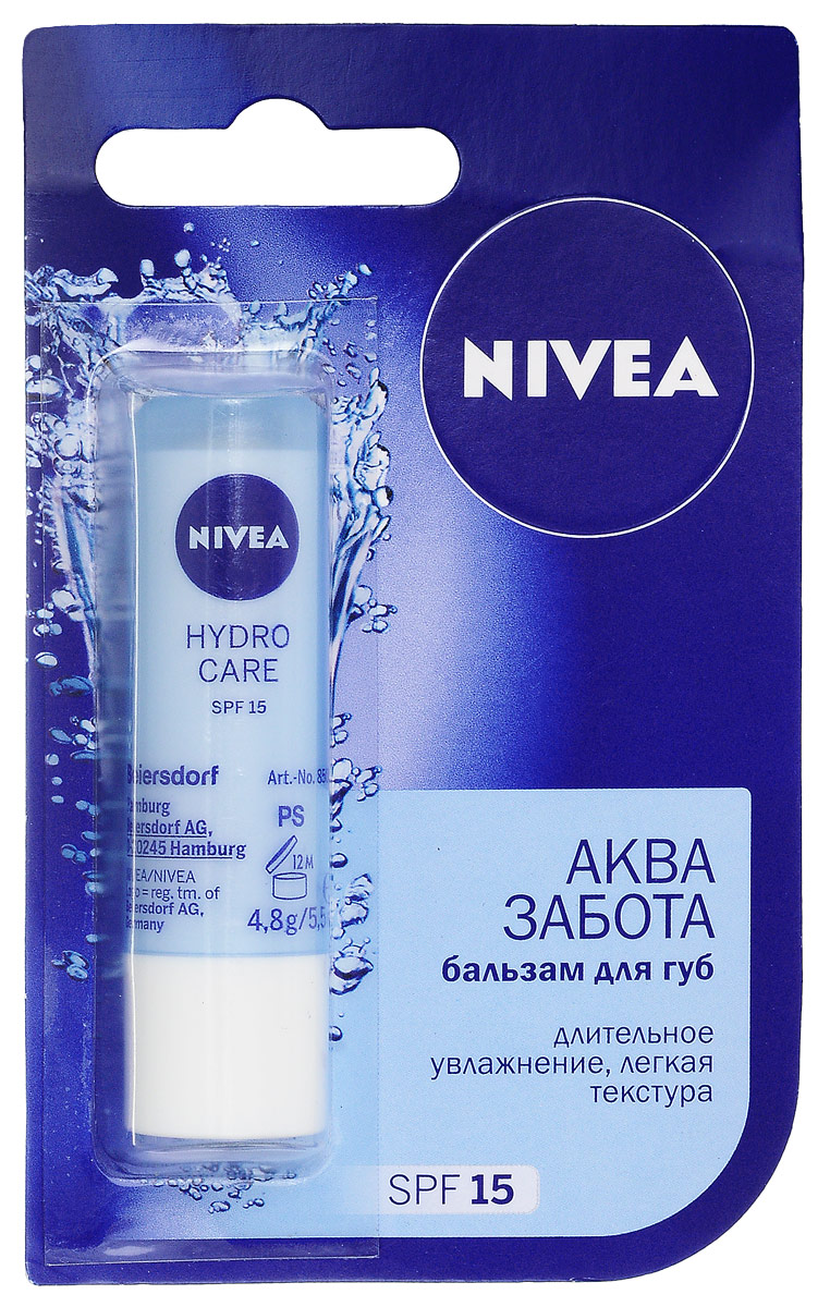 NIVEA Бальзам для губ Аква-забота 4,8 гр10062062 NIVEA Бальзам для губ Аква-забота 4,8 гр10062062Хотите получить интенсивное увлажнение Ваших губ? Увлажняющая формула бальзама с Алоэ Вера и Hydra IQ помогает поддерживать естественный баланс увлажнения Ваших губ и придает им мягкость. Как это работает •интенсивное и длительное увлажнение •быстро впитывается, благодаря легкой формуле •нежирная текстура •солнцезащитный фактор SPF 15 защищает от UVA- и UVB-лучей NIVEA — всё для самых нежных поцелуев!