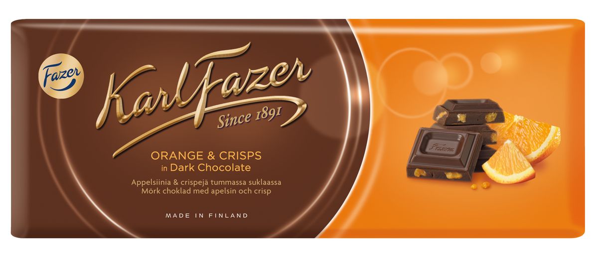 Karl Fazer Темный шоколад со вкусом апельсина, 200 г5839 Karl Fazer Темный шоколад со вкусом апельсина, 200 г5839Порадуйте себя ярким вкусом темного шоколада Karl Fazer с освежающей ноткой апельсина!