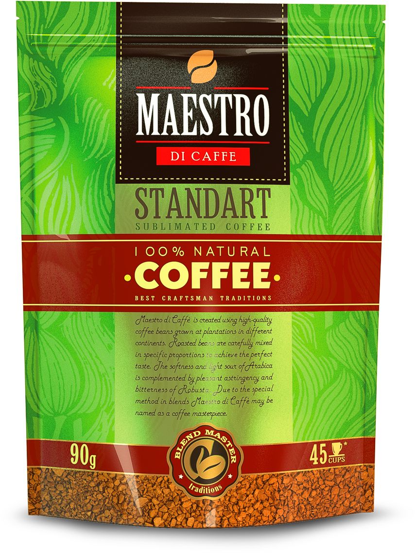 Maestro Di Caffe Standart кофе растворимый сублимированный, 90 г5060468280418 Maestro Di Caffe Standart кофе растворимый сублимированный, 90 г5060468280418Кофе MAESTRO Standart сочетает глубокий бархатистый вкус бразильской арабики Santos с крепостью робусты из Гватемалы.