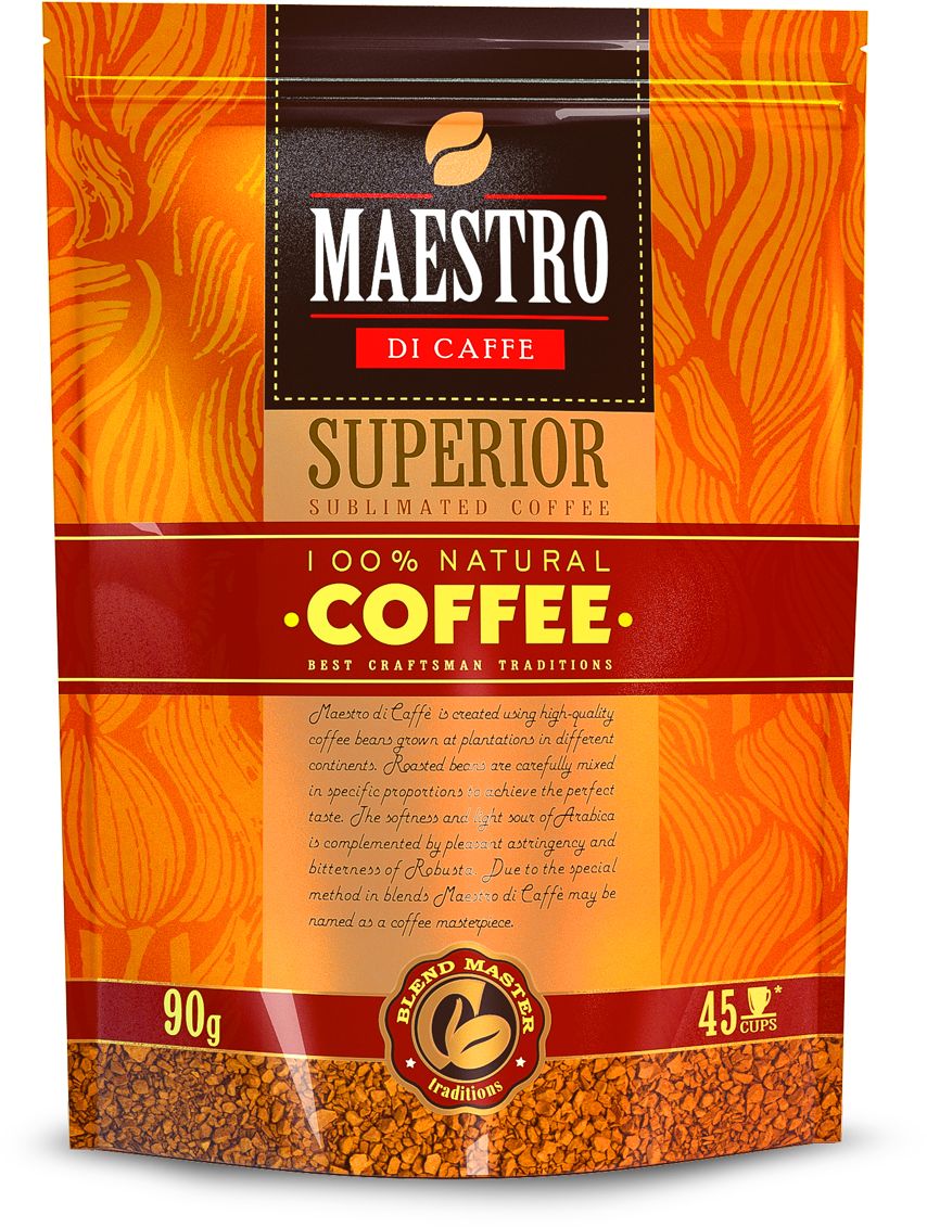 Maestro Di Caffe Superior кофе растворимый сублимированный, 90 г5060468280425 Maestro Di Caffe Superior кофе растворимый сублимированный, 90 г5060468280425Кофе MAESTRO Superior сочетает бархатистый вкус бразильской арабики Santos с легкой кислинкой колумбийской арабики Supremo и крепостью робусты из Эквадора.