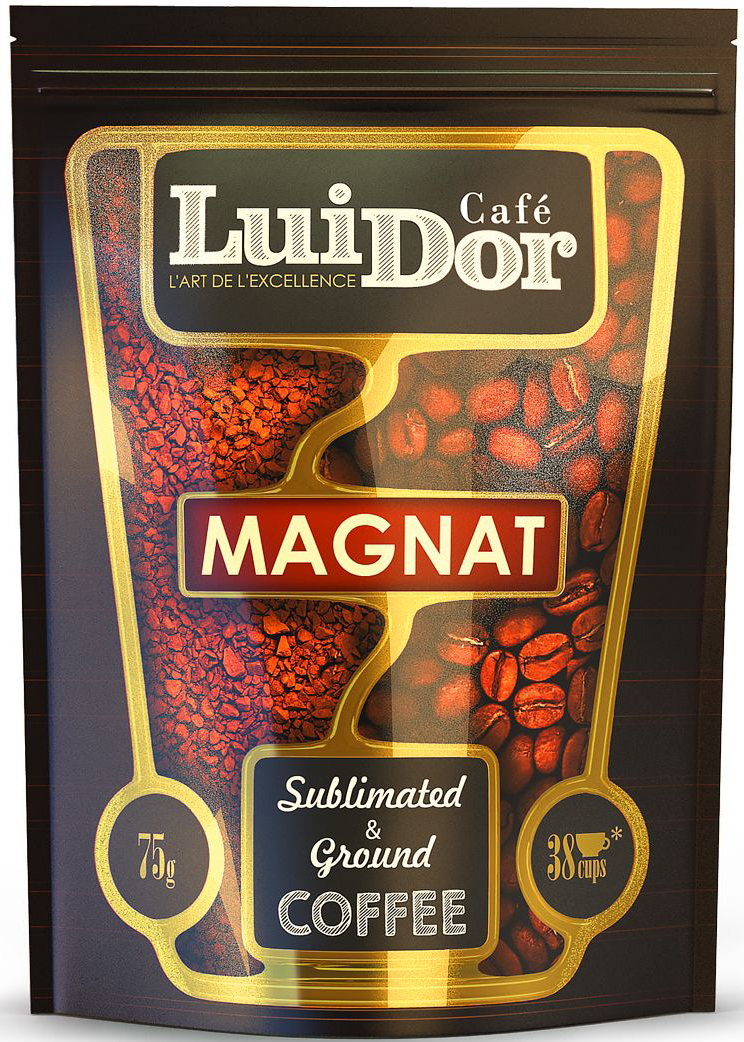 Luidor Magnat кофе растворимый сублимированный с добавлением молотого, 75 г5060468280586 Luidor Magnat кофе растворимый сублимированный с добавлением молотого, 75 г5060468280586Кофе LUIDOR Magnat - это превосходное сочетание молотого кофе из Эфиопии и сублимированного кофе из отборных сортов колумбийской арабики Supremo