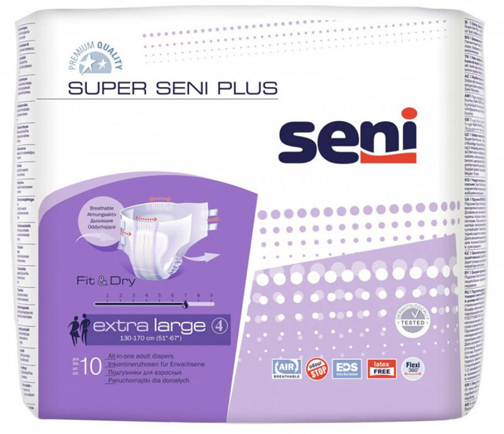 Seni Подгузники для взрослых Super Seni Plus Extra Large 10 штSE-094-XL10-A02 Seni Подгузники для взрослых Super Seni Plus Extra Large 10 штSE-094-XL10-A02Подгузники для взрослых Super Seni Plus с повышенной впитываемостью предназначены для людей, страдающих тяжелой формой инконтиненции (недержания). Особенно удобны для малоподвижных и лежачих пациентов. Дышащий (паропроницаемый) внешний слой позволяет снизить риск возникновения раздражений и опрелостей. Эластичная резинка в поясе сзади и эластичные застежки-липучки гарантируют оптимальное прилегание к телу. Распределяющий слой EDS быстро и равномерно впитывает жидкость, что обеспечивает более полное ощущение сухости. Подгузники также содержат гидрофобные боковые внутренние бортики - это дополнительная защита от протекания. Мягкий нетканый материал на поверхности, двойной впитывающий слой с антибактериальным абсорбентом обеспечивают высокую впитываемость и нейтрализацию неприятного запаха. Могут использоваться как при недержании мочи, так и при недержании кала. Окружность подгузников по талии 130-170 см.