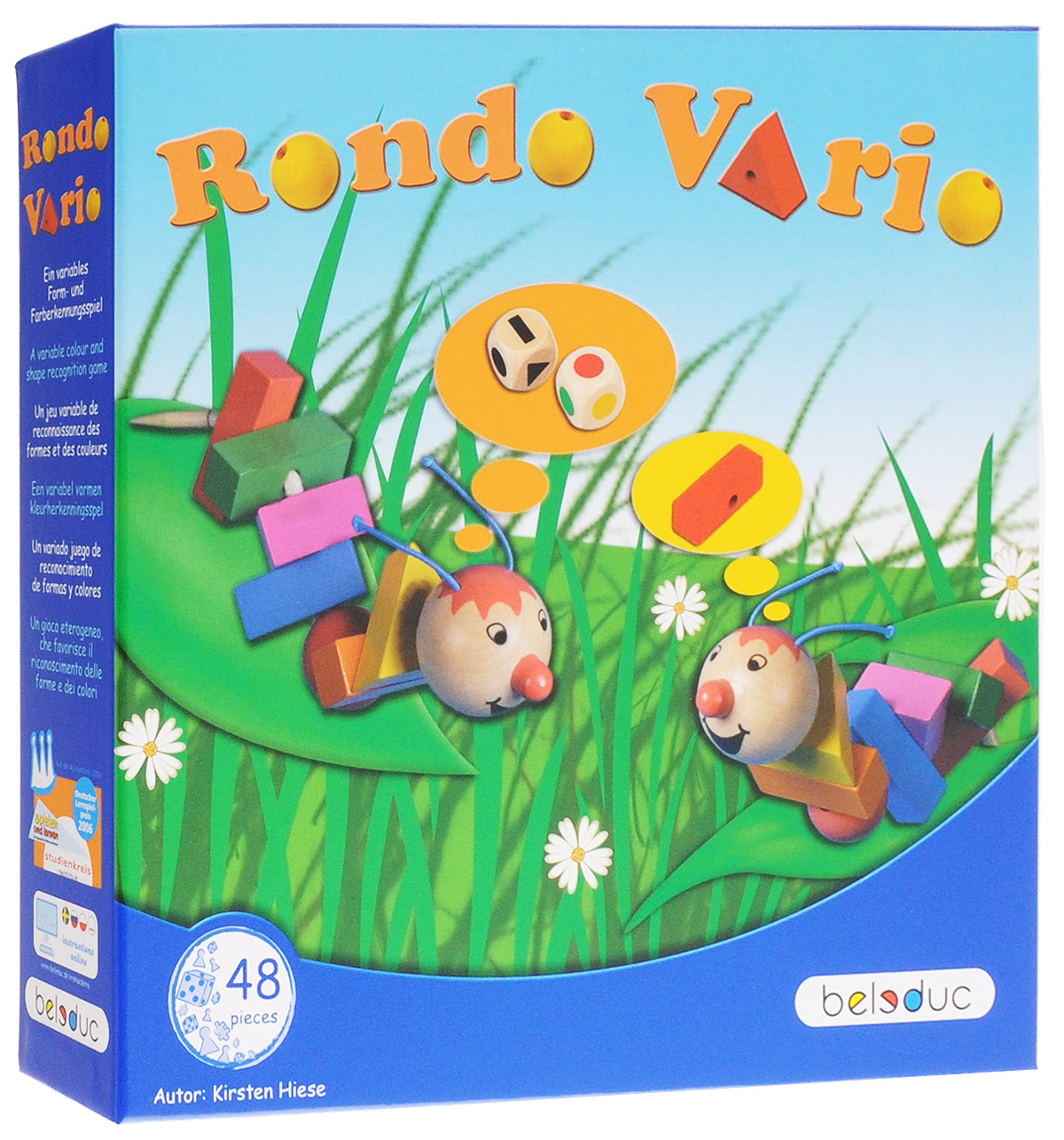 Beleduc Обучающая игра Рондо Варио 2239122391 Beleduc Обучающая игра Рондо Варио 2239122391Обучающая игра Beleduc Рондо Варио, в которую можно играть самыми разными способами, понравится как малышам, так и детям постарше. В процессе игры малыши развивают мелкую моторику, а дети постарше - быстроту реакции. Игроки также изучают цвета и формы. Маленькие гусеницы очень взволнованы, ведь сегодня им предстоит примерить новые разноцветные наряды. Выбор очень велик, ведь перед ними так много различных цветов и форм! Так непросто выбрать из такого изобилия! И вот гусеницы решают бросить кость, чтобы выбрать себе новый наряд. Одна часть наряда присоединяется к другой, в зависимости от того, как упадут две кости. Перед тем как выбрать элемент, будьте внимательны: важно подобрать правильную форму и правильный цвет. Игру начинает младший игрок, выбрасывая две кости. Одна кость указывает цвет, а другая - геометрическую фигуру. Игрок должен найти точное соответствие выпавшим значениям на столе: например, если выпал желтый цвет и круг, игрок должен найти на столе желтый шарик....